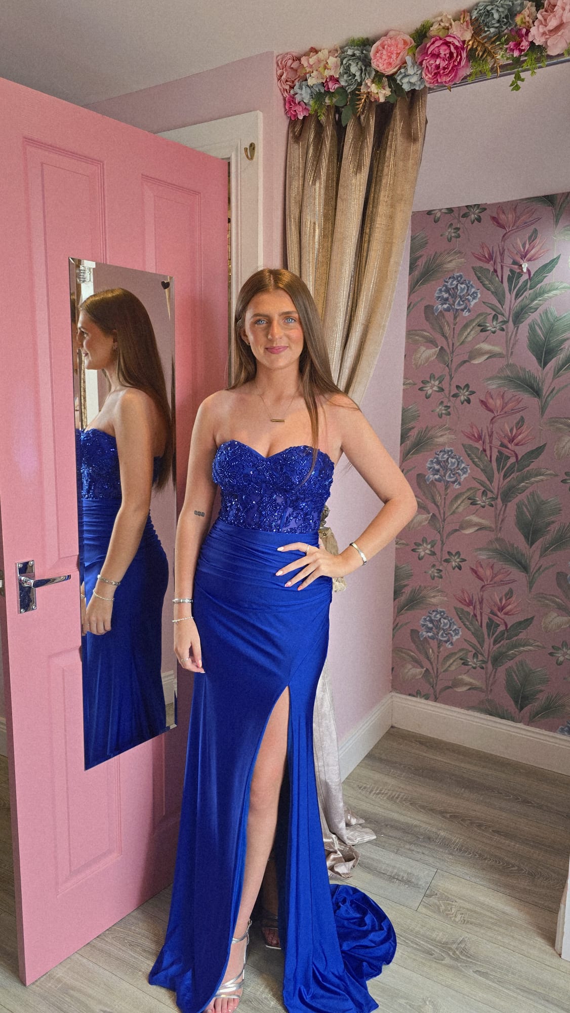 Maisie Blue Strapless Thigh Split Corset Formal Prom Dress