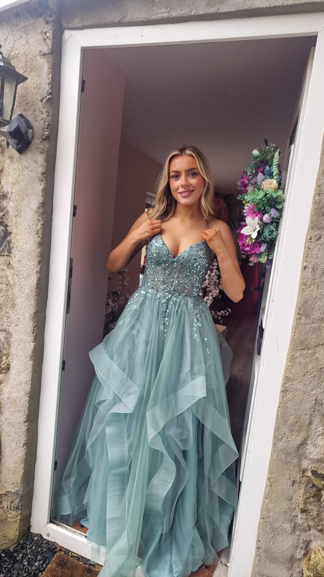 Grace Green Skinny Straps Embellished Layered Ball Gown Skirt Formal Prom Dress