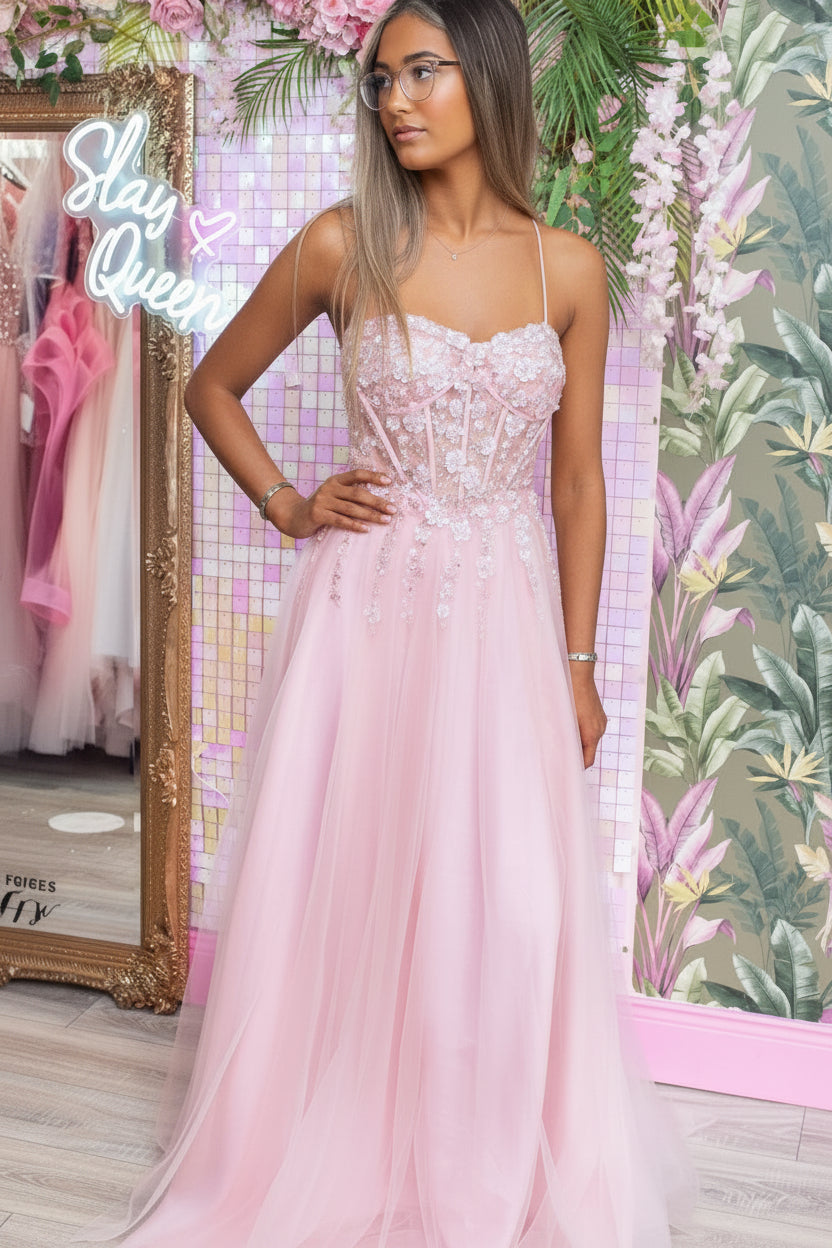Layla Pink Skinny Strap Leg Split Flower Bodice Ballgown Formal Prom Dress Ball Gown
