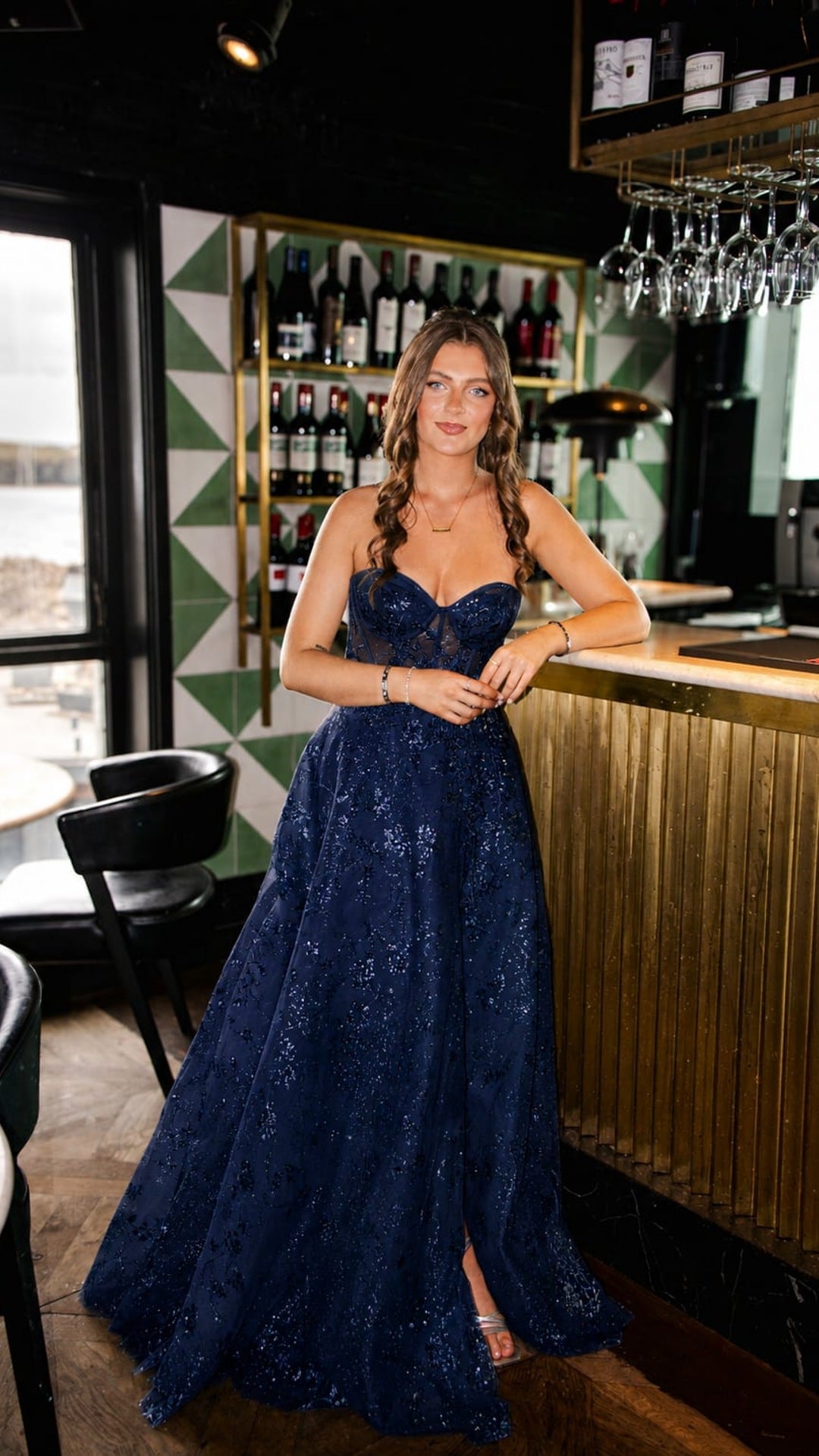Astrid Indigo Navy Strapless Mesh Bodice Formal Prom Dress