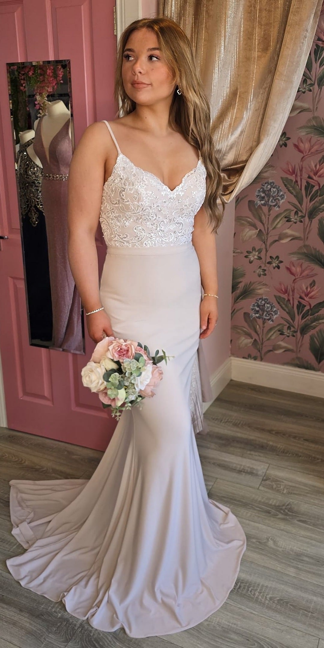 Ivory and Champagne Laced Detail Bodice Open Back Used For Photoshoot Sample Bridesmaid Dress