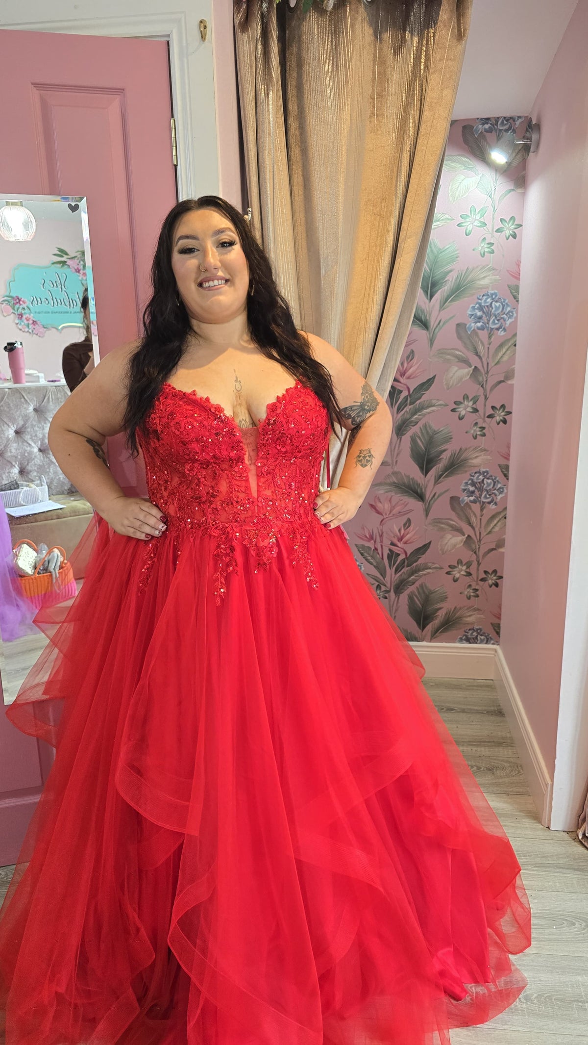 Trinity Red Laced Embellished Bodice Layered Tulle Skirt Ballgown Formal Prom Dress Ball Gown