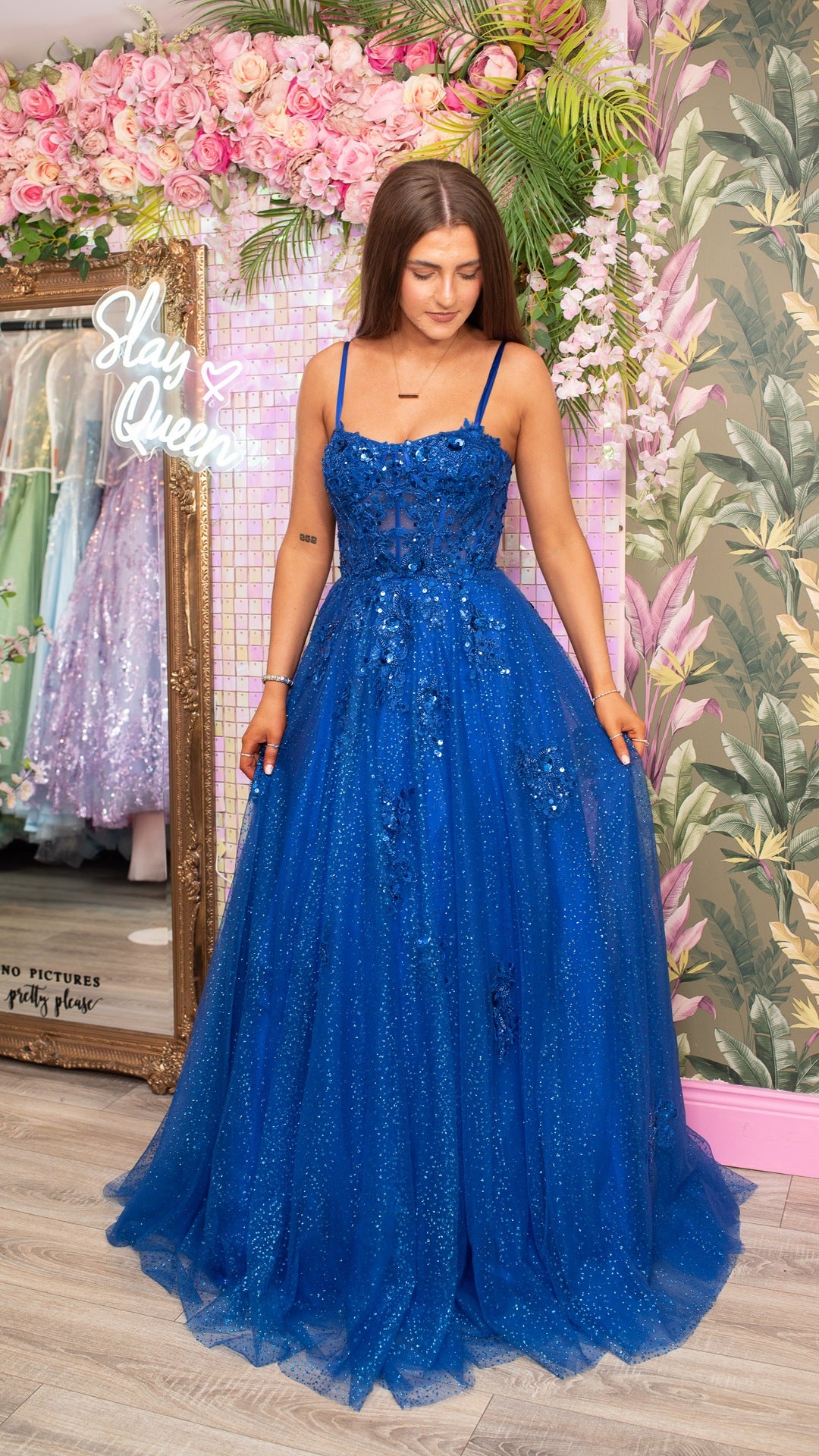 Blake Blue Laced Back Flower Detail Corset Ballgown Formal Prom Dress Ball Gown