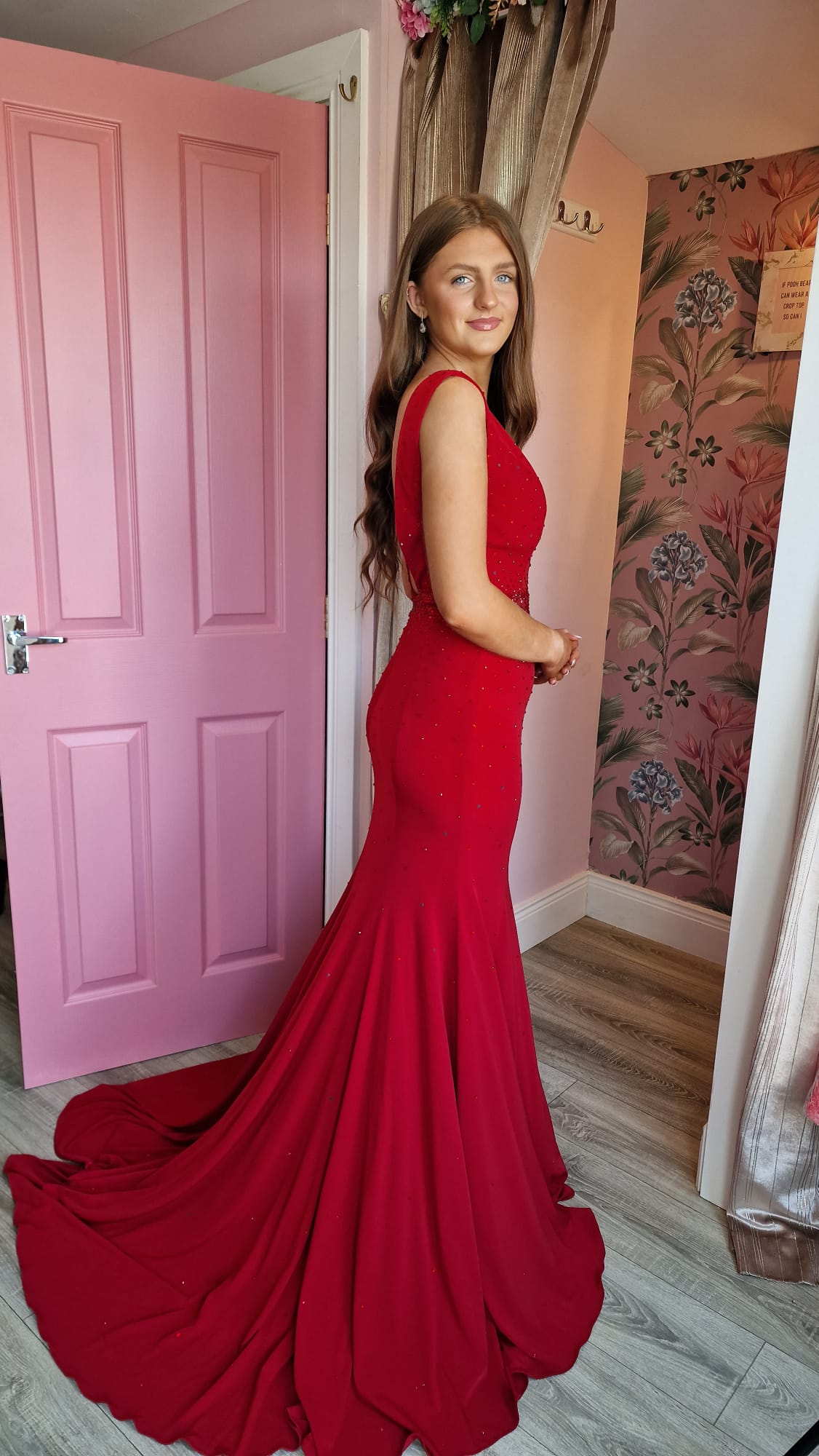 Mila Red V Neck With Mesh Insert Embellished Front Formal Prom Dress