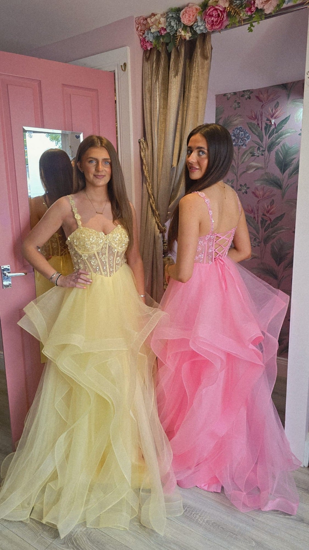 Elena Pink Layered Flower Detail On Bodice And Straps Ballgown Formal Prom Dress