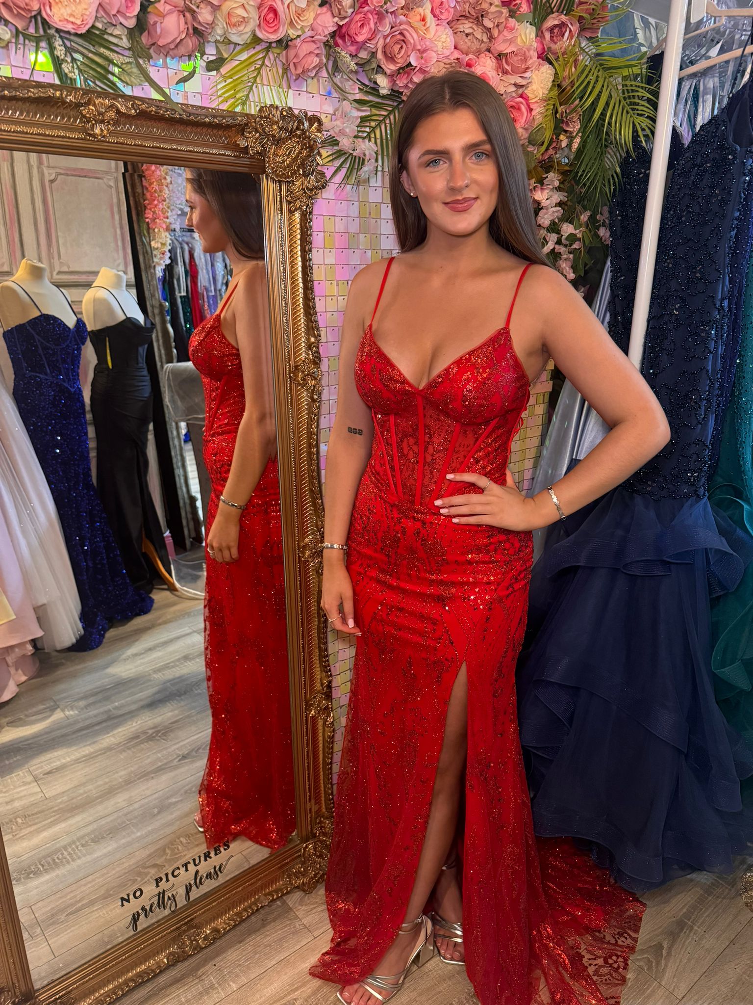 Eva Red Glitter Fabric Mesh Corset Laced Up Back Formal Prom Dress