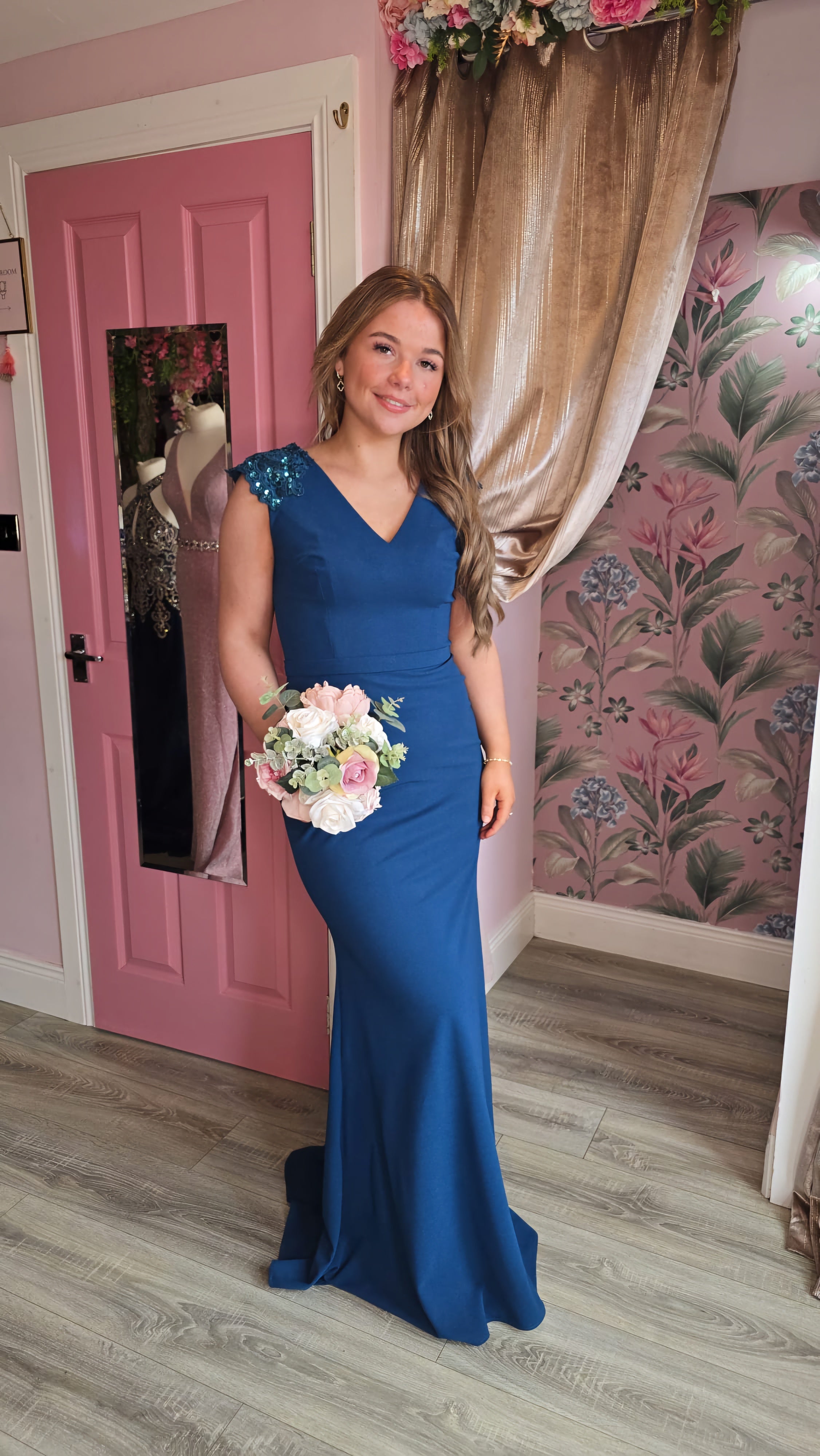 Caroline Teal Laced Shoulder Button Up Back Used For Photoshoot Sample Bridesmaid Dress Size 16