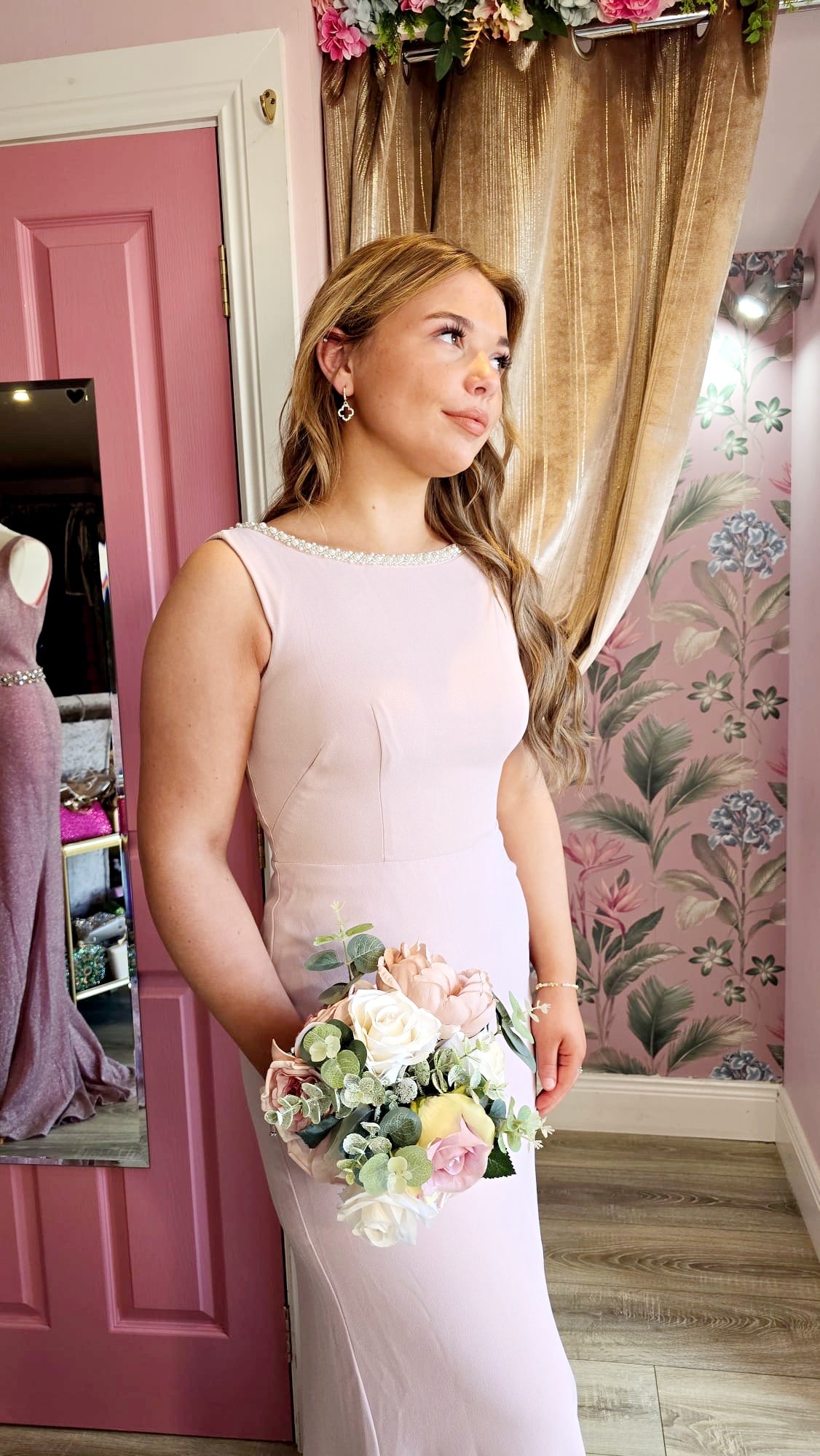 Sienna Pink Pearl Neck V Back Bridesmaid Dress