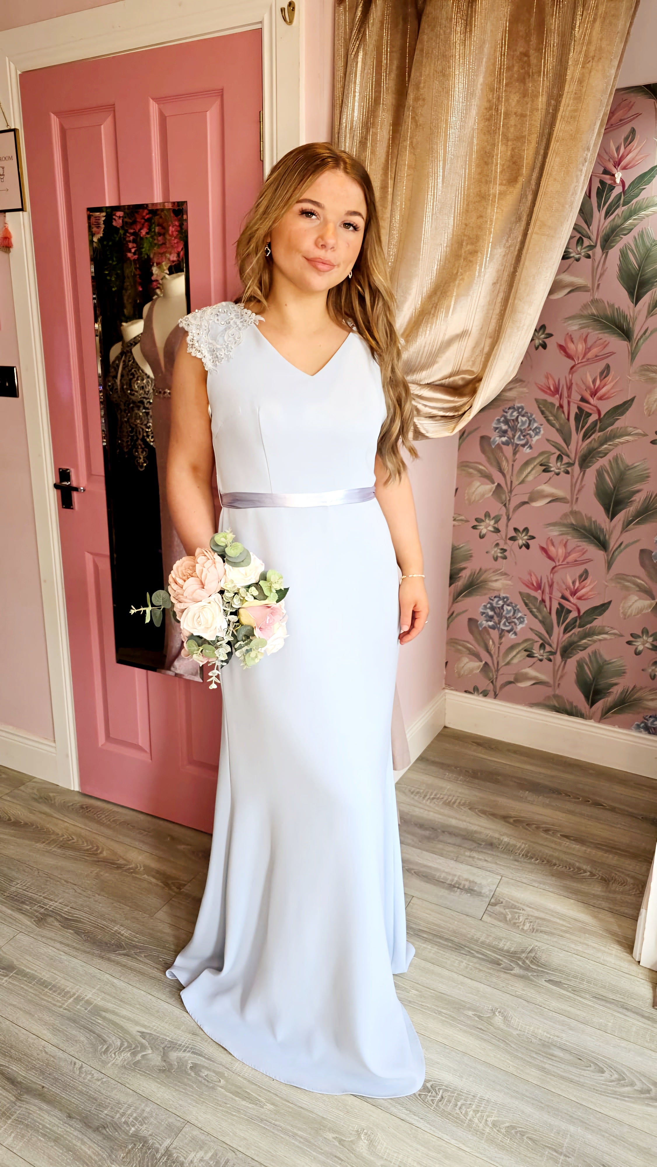 Caroline Baby Blue Laced Shoulder Caps Used For Photoshoot Sample Bridesmaid Dress