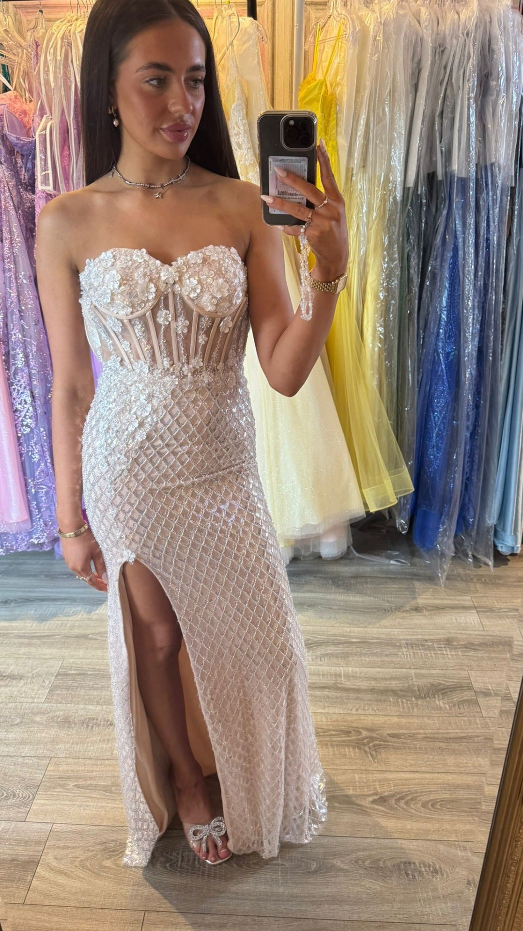 Chloe Champagne Beaded And Sequin All Over Flower Detail Corset Formal Prom Dress