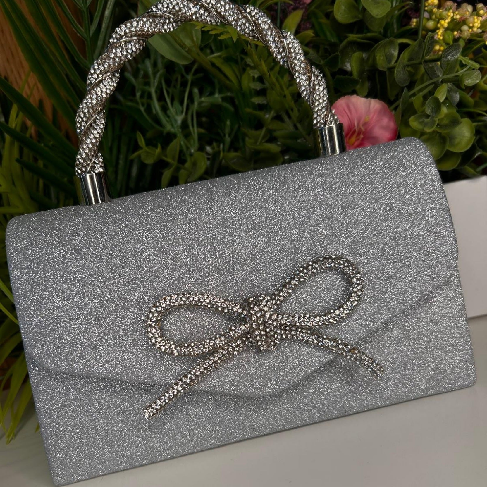 Eva Silver Crystal Bow Detail Clutch Handbag