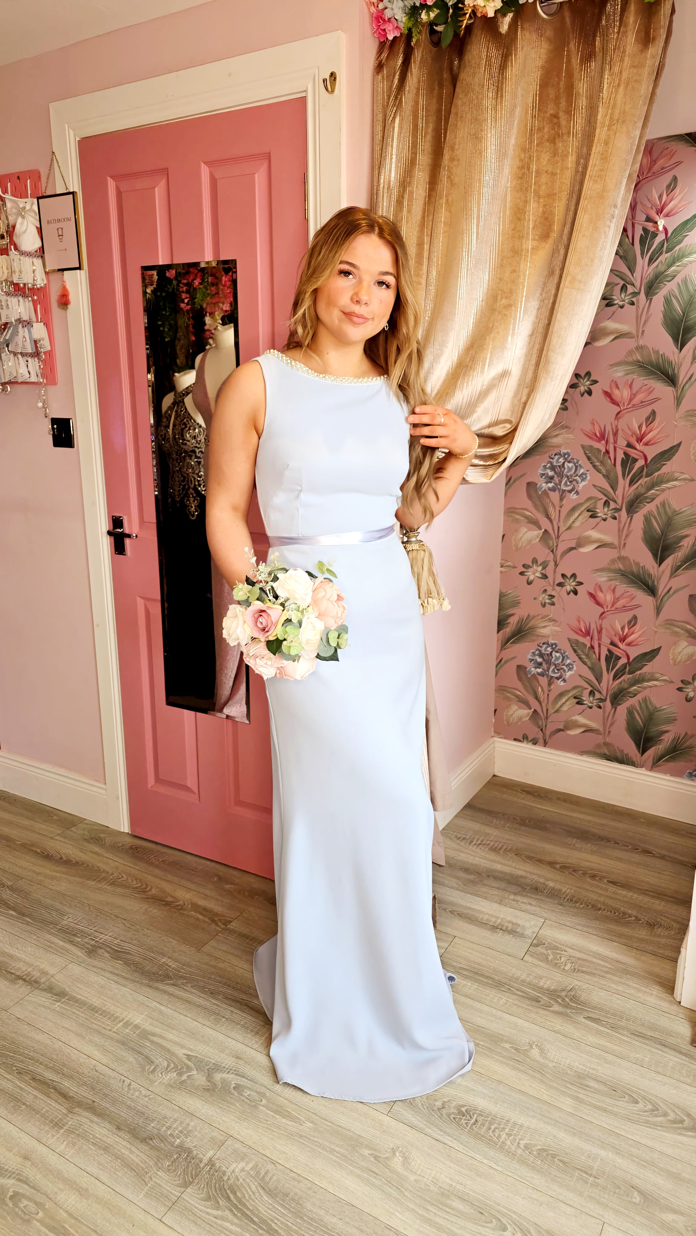 Sienna Baby Blue Pearl Neck Bridesmaid Dress