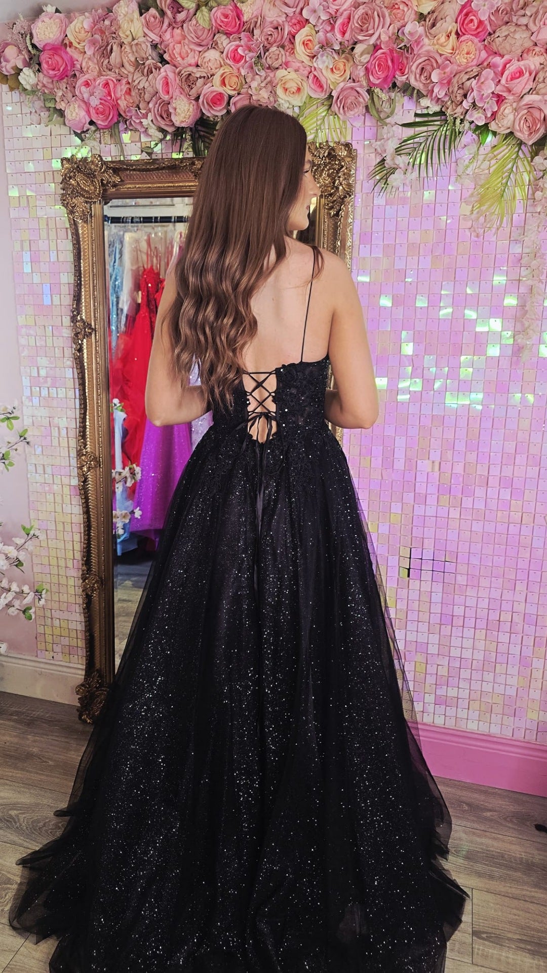 Cliona Black Leg Split Mesh Insert Laced Up Back Ballgown Formal Prom Dress