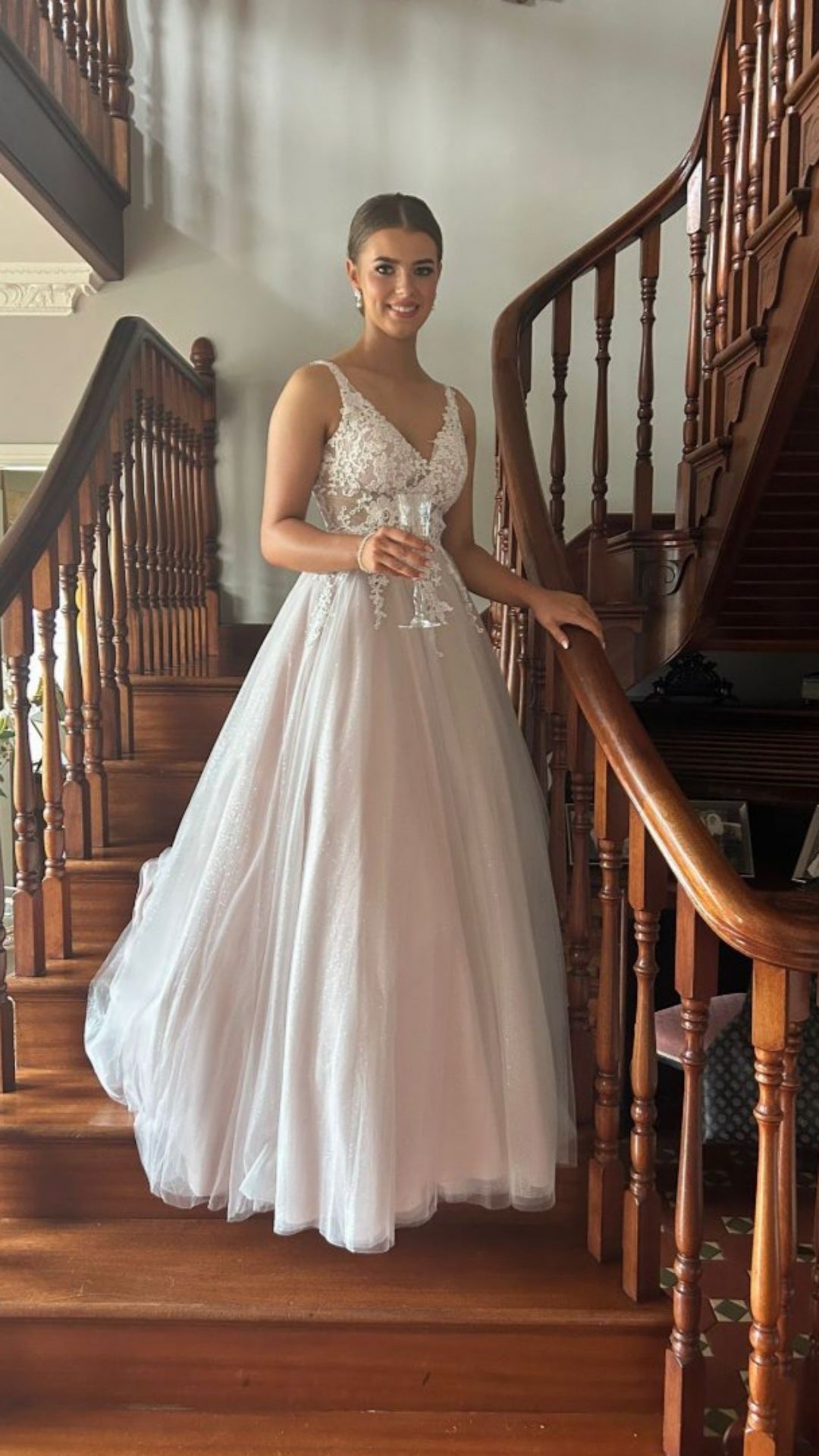 Brooklyn Blush Pink V Neck Laced Detail Bodice Ball Gown Formal Prom Dress