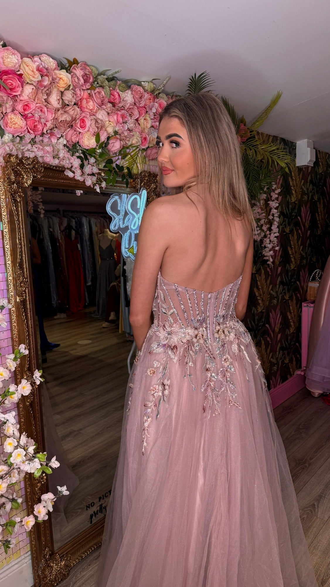 Delta Mauve Laced Corset Flower Detail Ballgown Formal Prom Dress Ball Gown