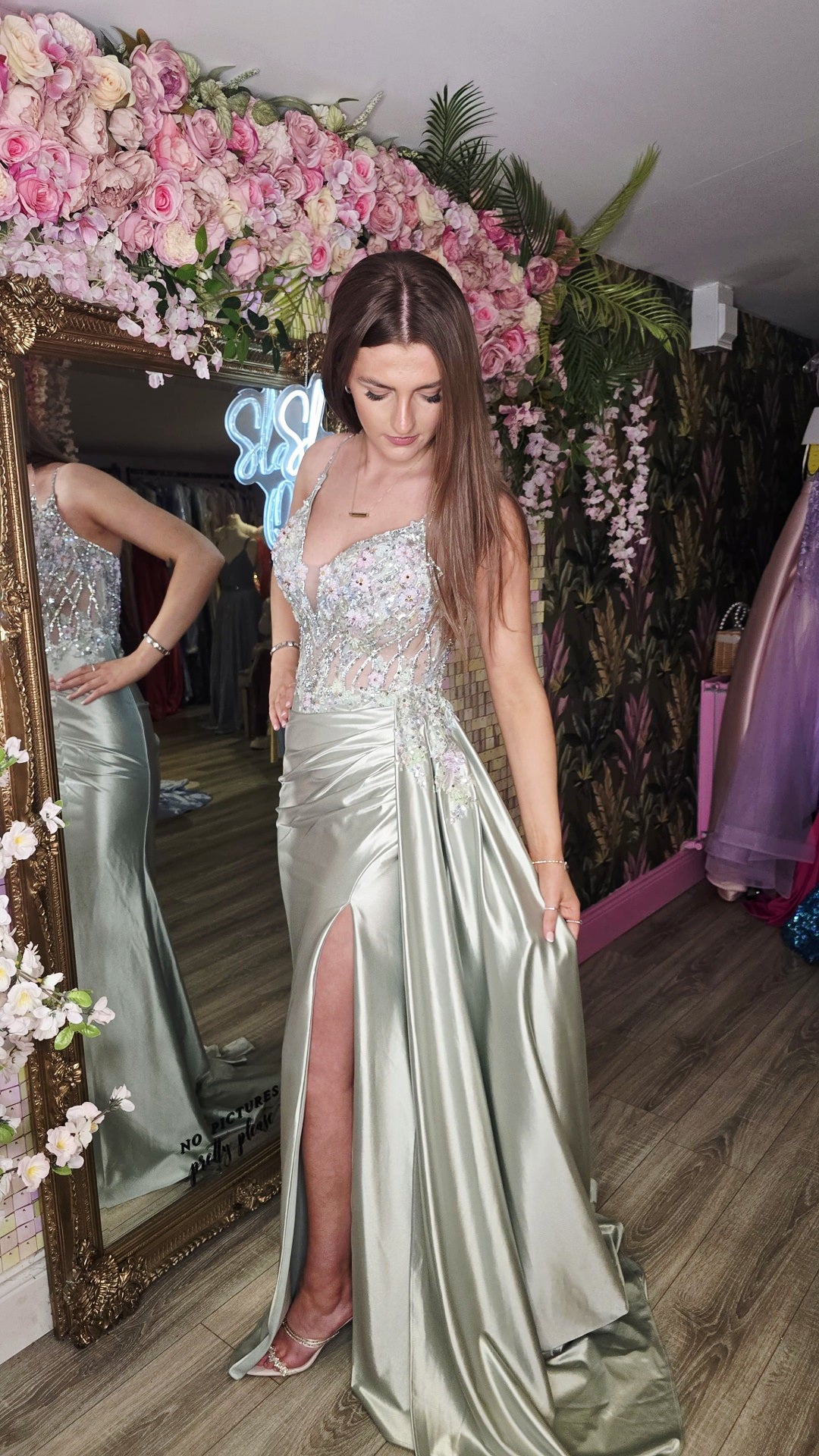 Allie Sage Green Spaghetti Strap Beaded Bodice Formal Prom Dress