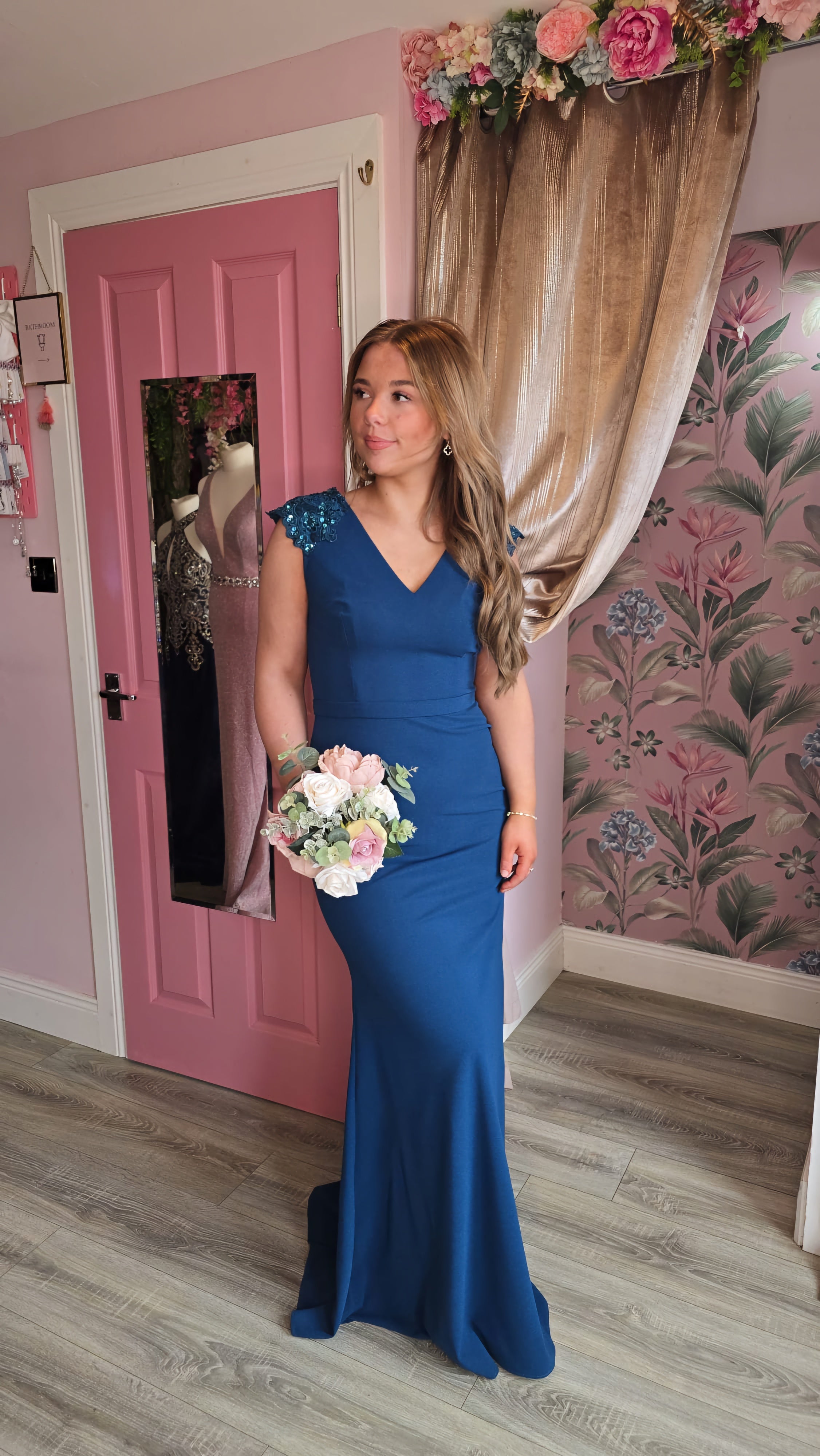 Caroline Teal Laced Shoulder Button Up Back Used For Photoshoot Sample Bridesmaid Dress Size 16