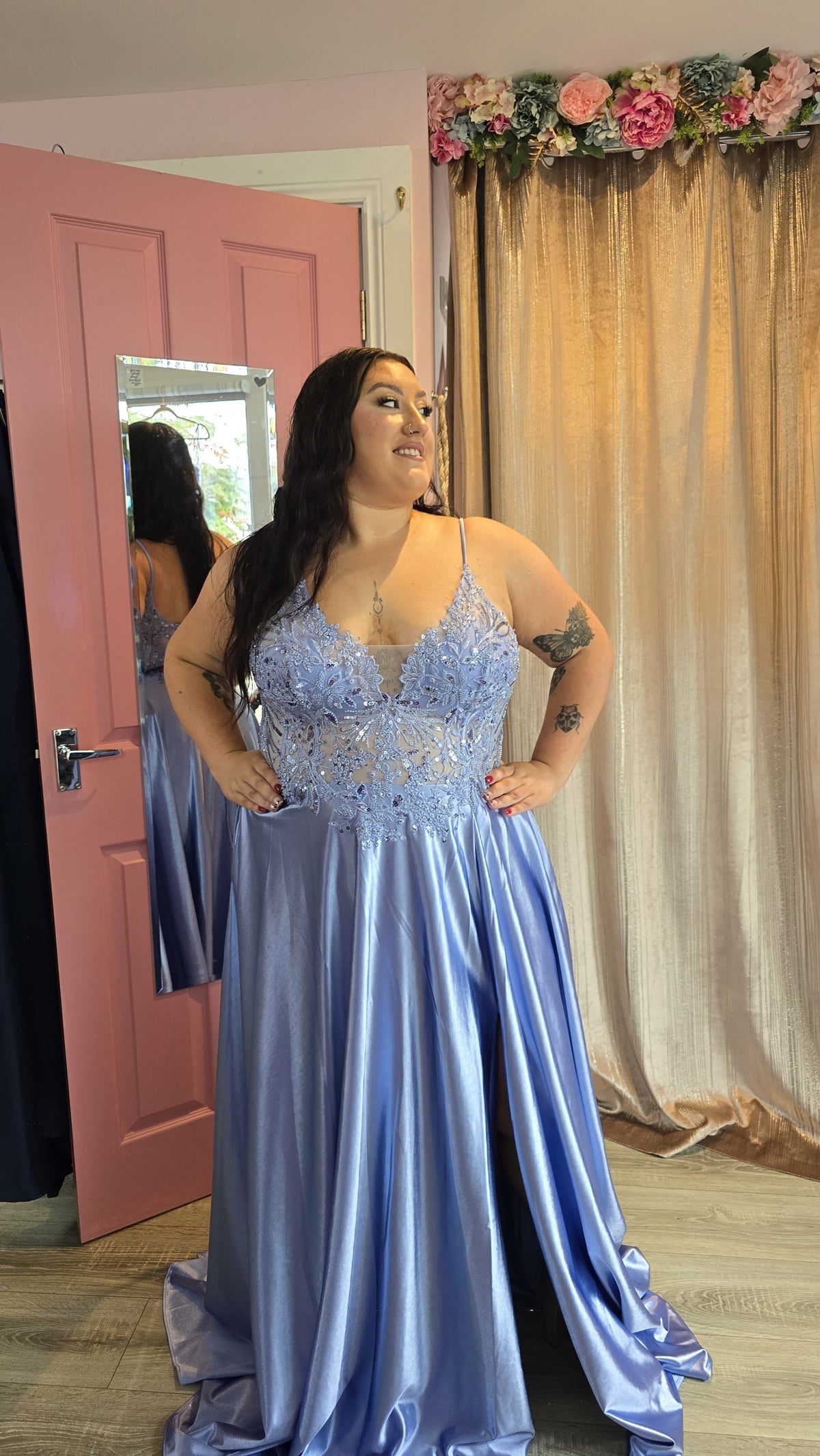 Saylor Blue Beaded Lace Bodice Ballgown Formal Prom Dress Ball Gown