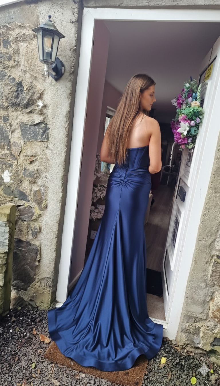 Aisha Navy Satin Ruched Corset Strapless Side Legsplit Formal Prom Dress