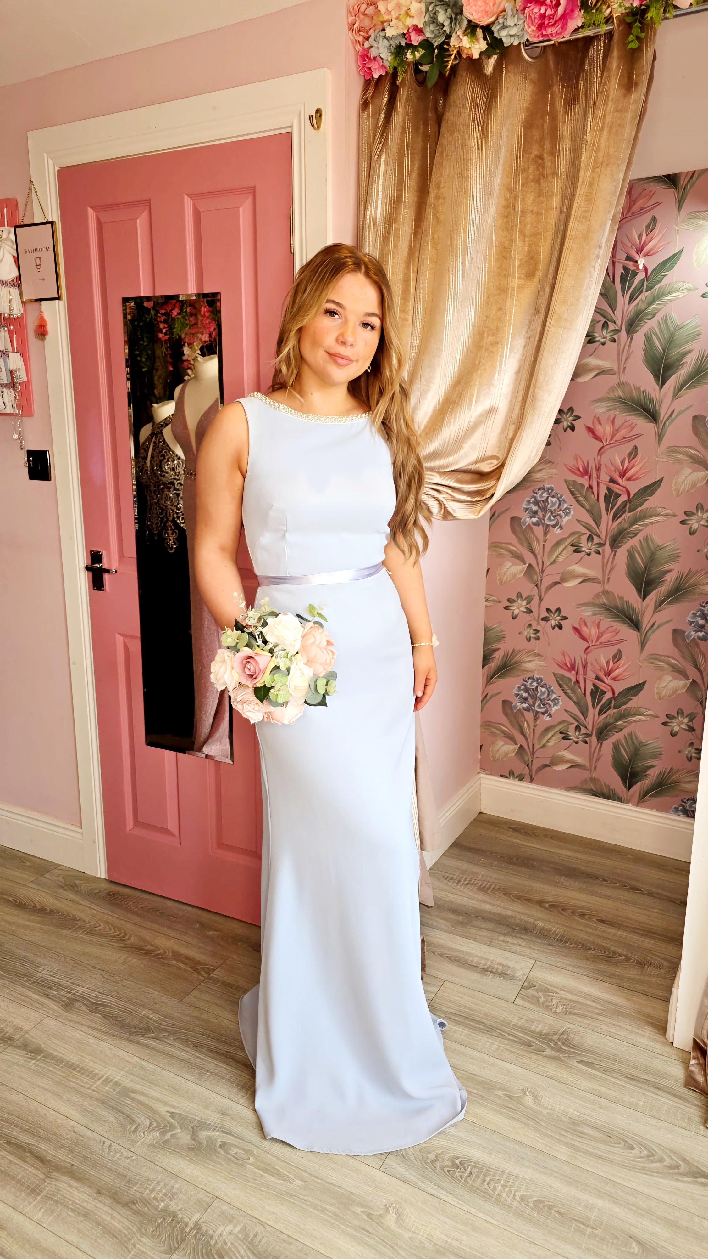 Sienna Baby Blue Pearl Neck Bridesmaid Dress