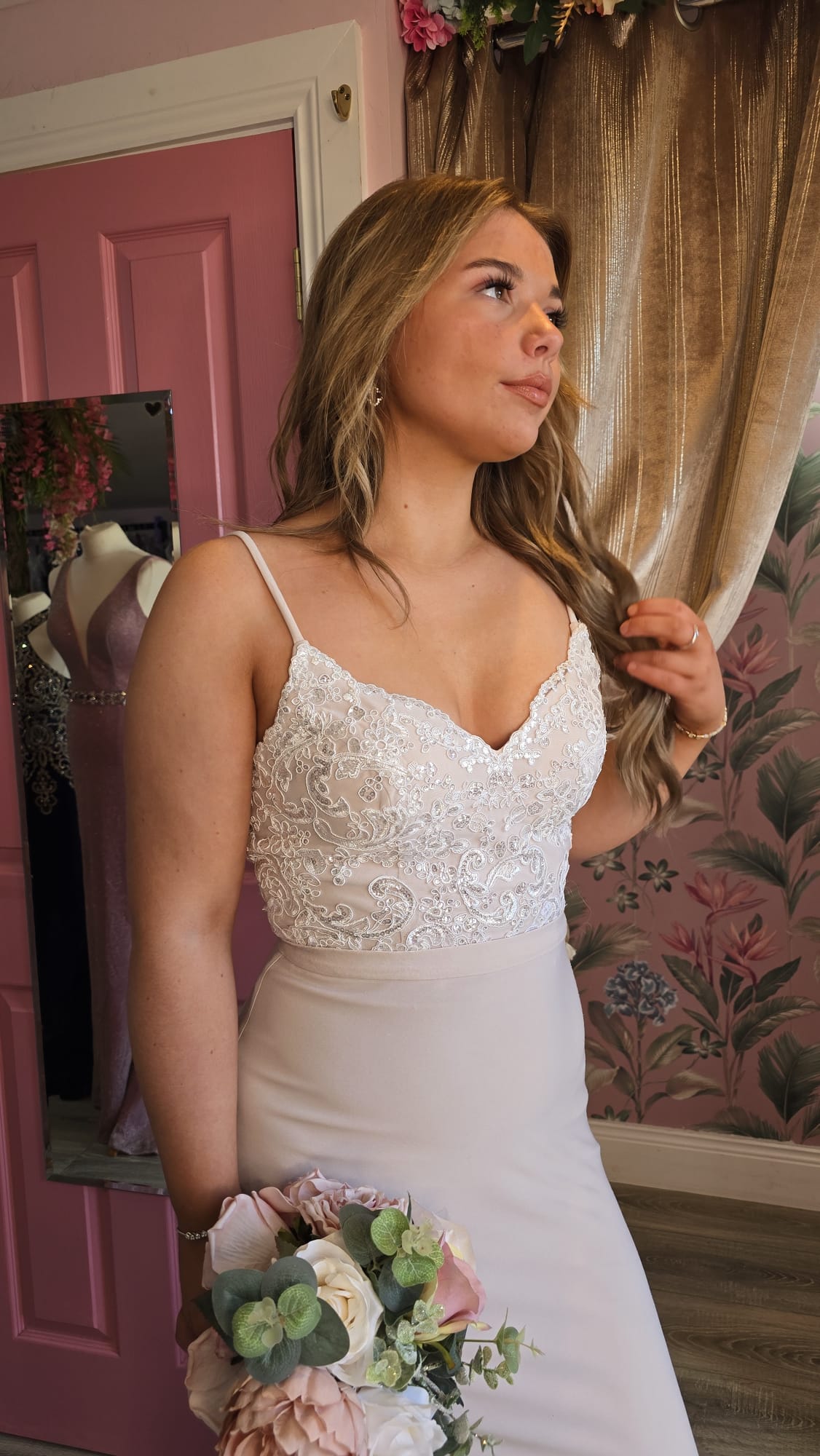 Ivory and Champagne Laced Detail Bodice Open Back Used For Photoshoot Sample Bridesmaid Dress