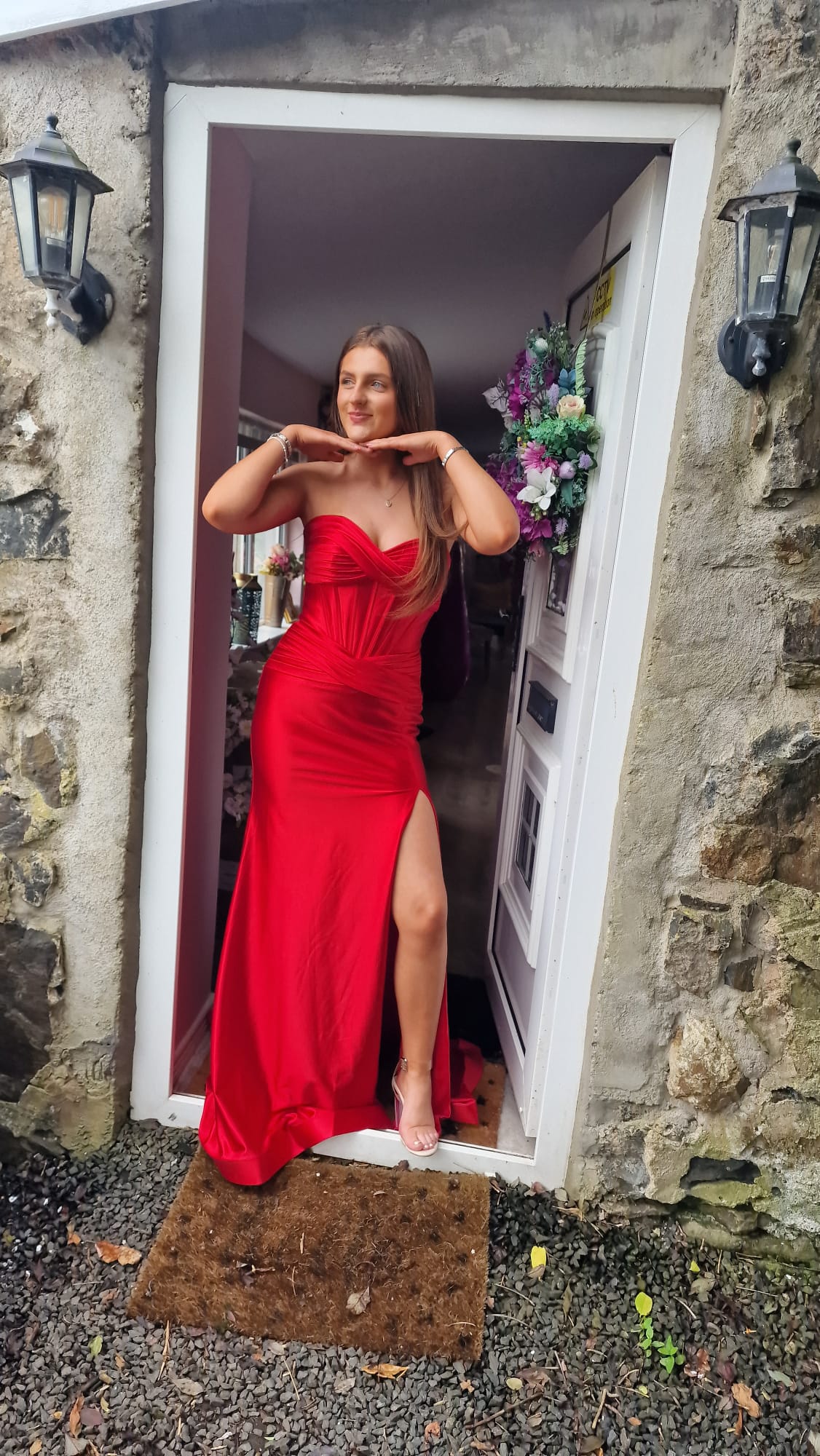 Aisha Red Satin Ruched Corset Strapless Side Legsplit Formal Prom Dress