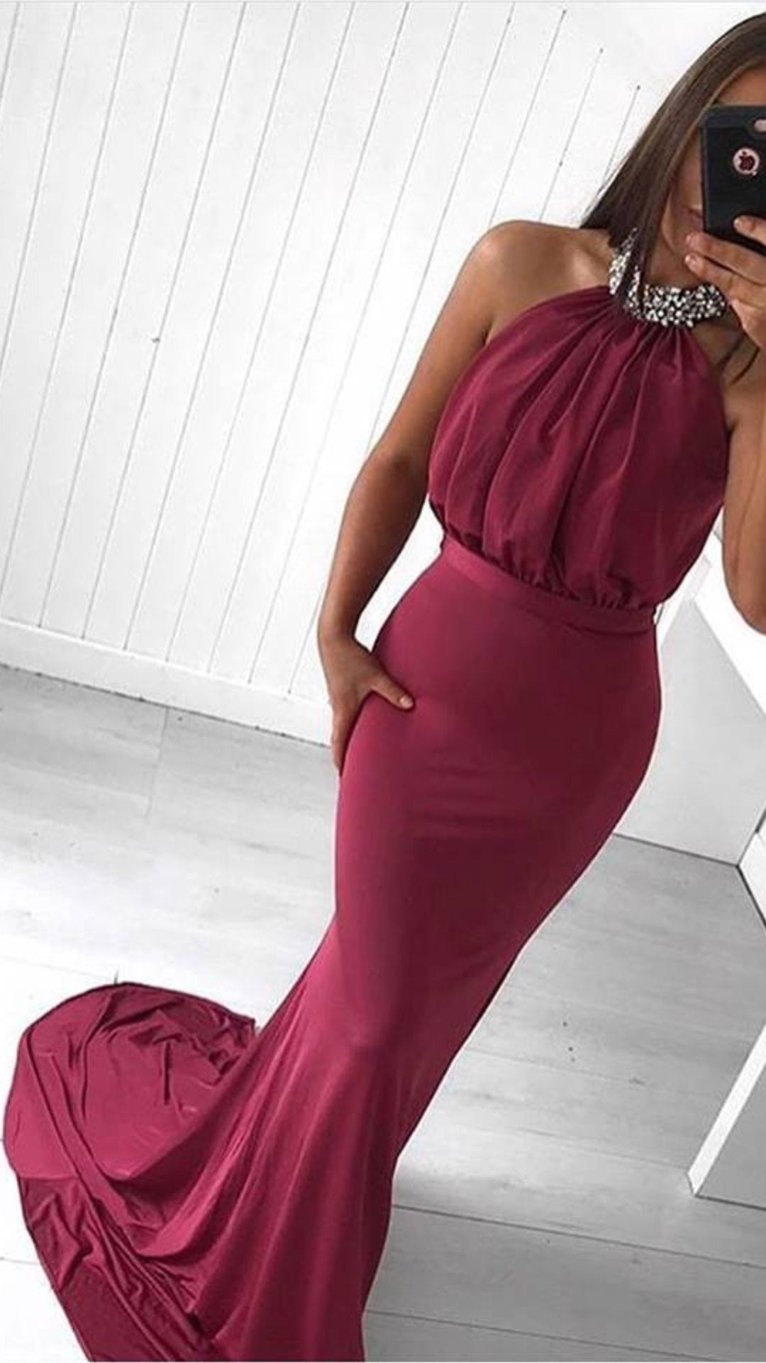 Alice Crystal Halter Neck Burgundy Super Fitted Formal Prom Dress