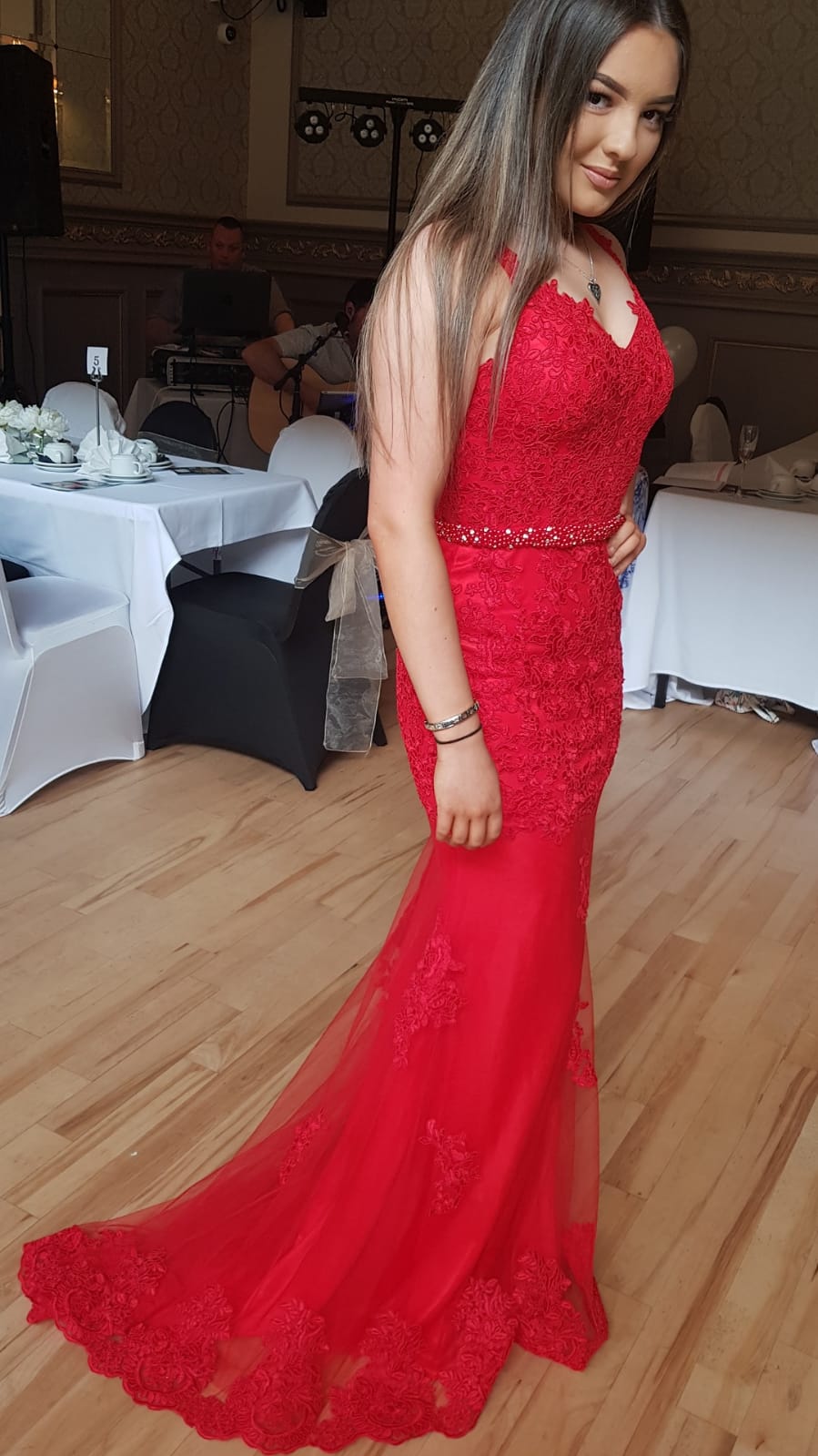 Evelyn Red V Neck Backless Lace Detail Formal Prom Dress