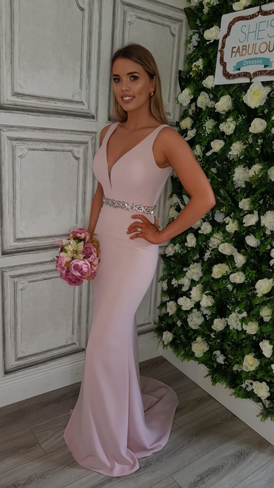 Leah Pink Beaded Belt Bridesmaids Dress