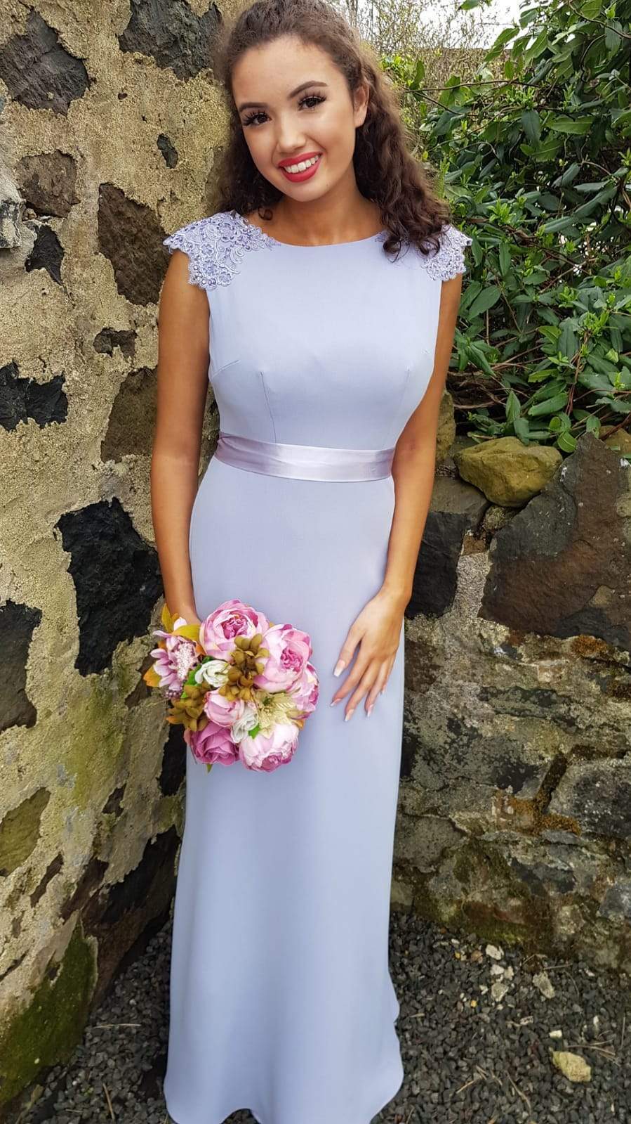 Lena Cornflower Blue Laced Shoulders Plain & Elegant Bridesmaids Dress