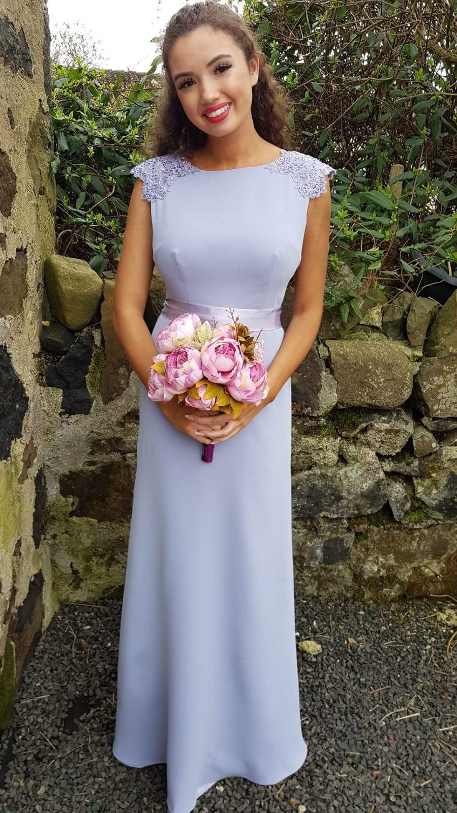 Lena Cornflower Blue Laced Shoulders Plain & Elegant Bridesmaids Dress