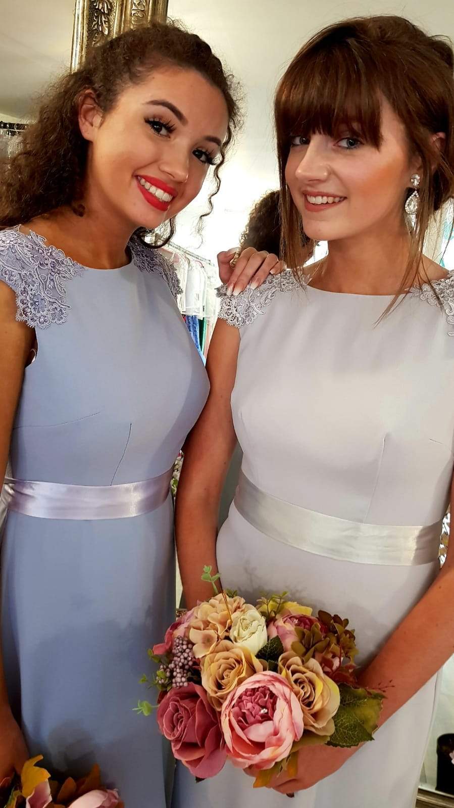 Lena Cornflower Blue Laced Shoulders Plain & Elegant Bridesmaids Dress