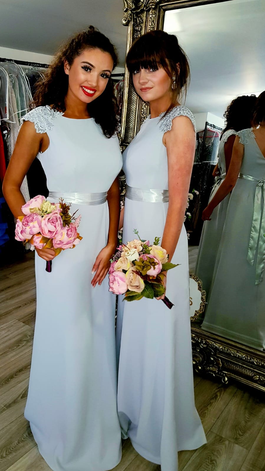Lena Grey/Silver Laced Shoulders Plain & Elegant Bridesmaids Dress