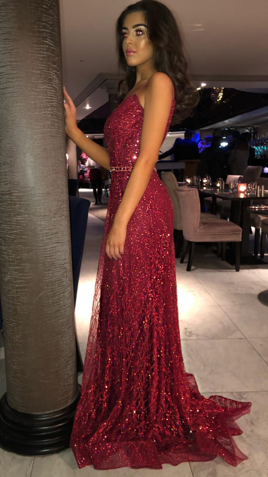 Elizabeth Red Sparkle Skinny Strapped Formal Prom Dress