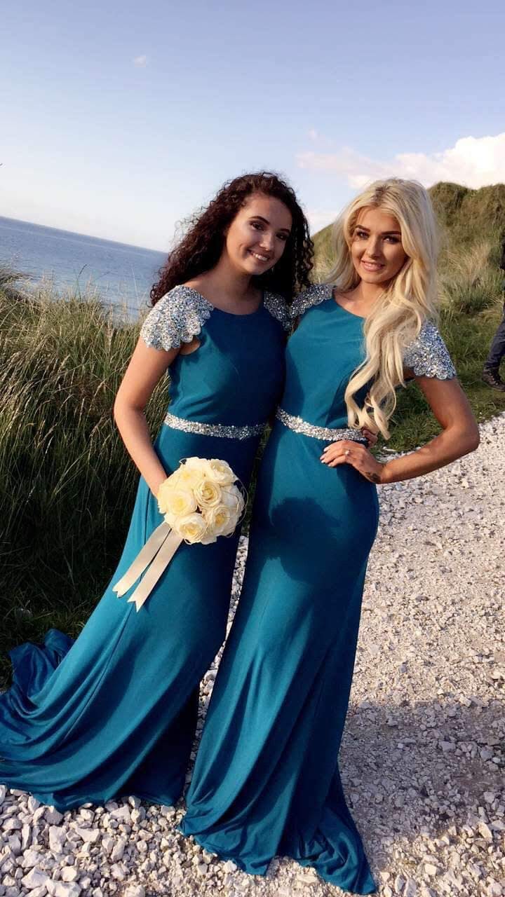 Sarah Teal Sequin Shoulder Cap Bridesmaids Dress