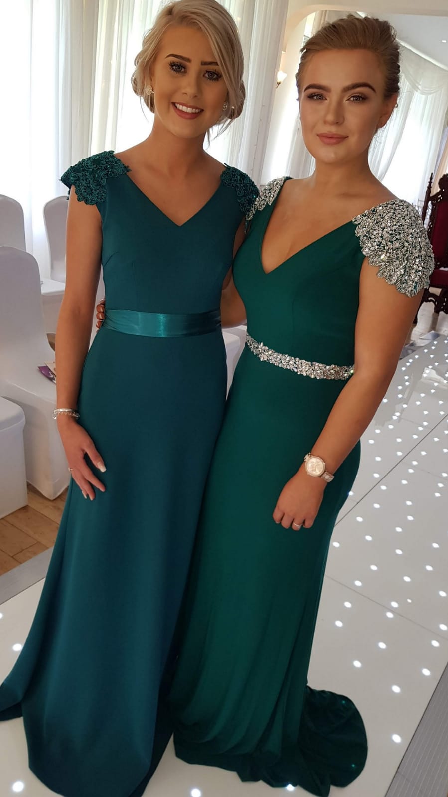 Caroline Green V Neck Laced Shoulder Cap Bridesmaids Dress