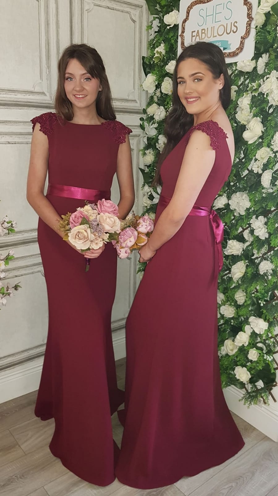 Lena Burgundy Laced Shoulder Cap Bridesmaids Dress