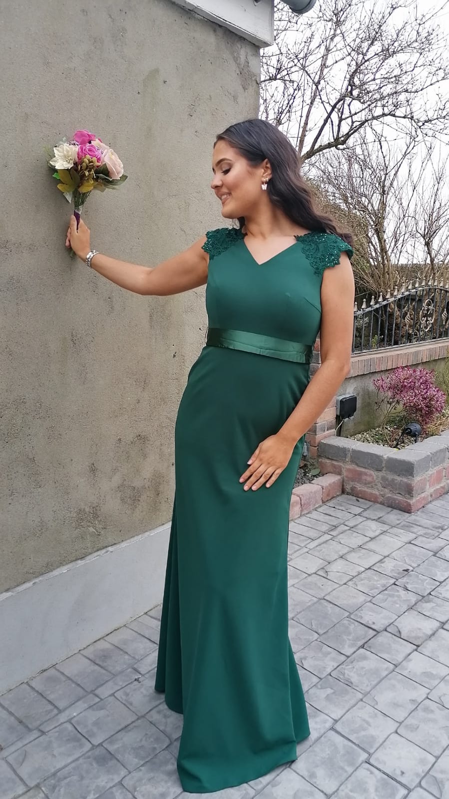 Caroline Green V Neck Laced Shoulder Cap Bridesmaids Dress
