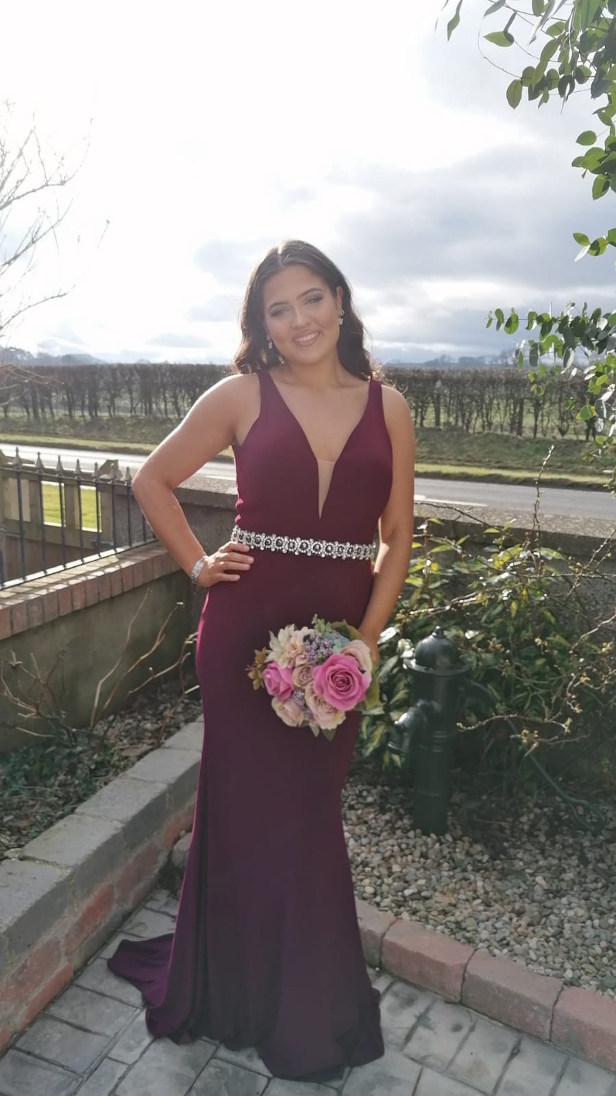 Leah Maroon Plum Burgundy Beaded Belt Backless Bridesmaids Dress