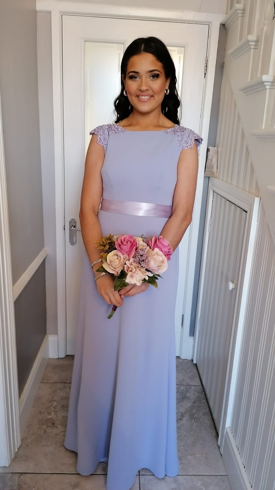 Lena Cornflower Lilac Blue Laced Shoulder Cap Bridesmaids Dress