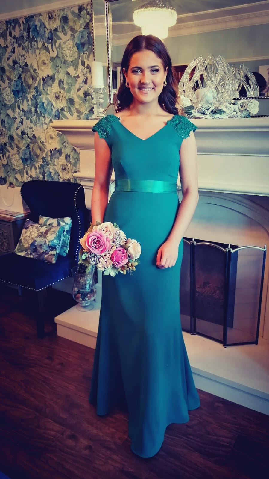 Caroline Teal Blue V Neck Laced Shoulder Cap Bridesmaids Dress