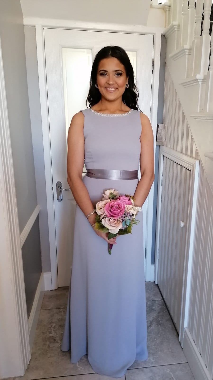 Sienna Silver Dove Grey Pearl Neck And Belt Plain & Elegant Bridesmaids Dress