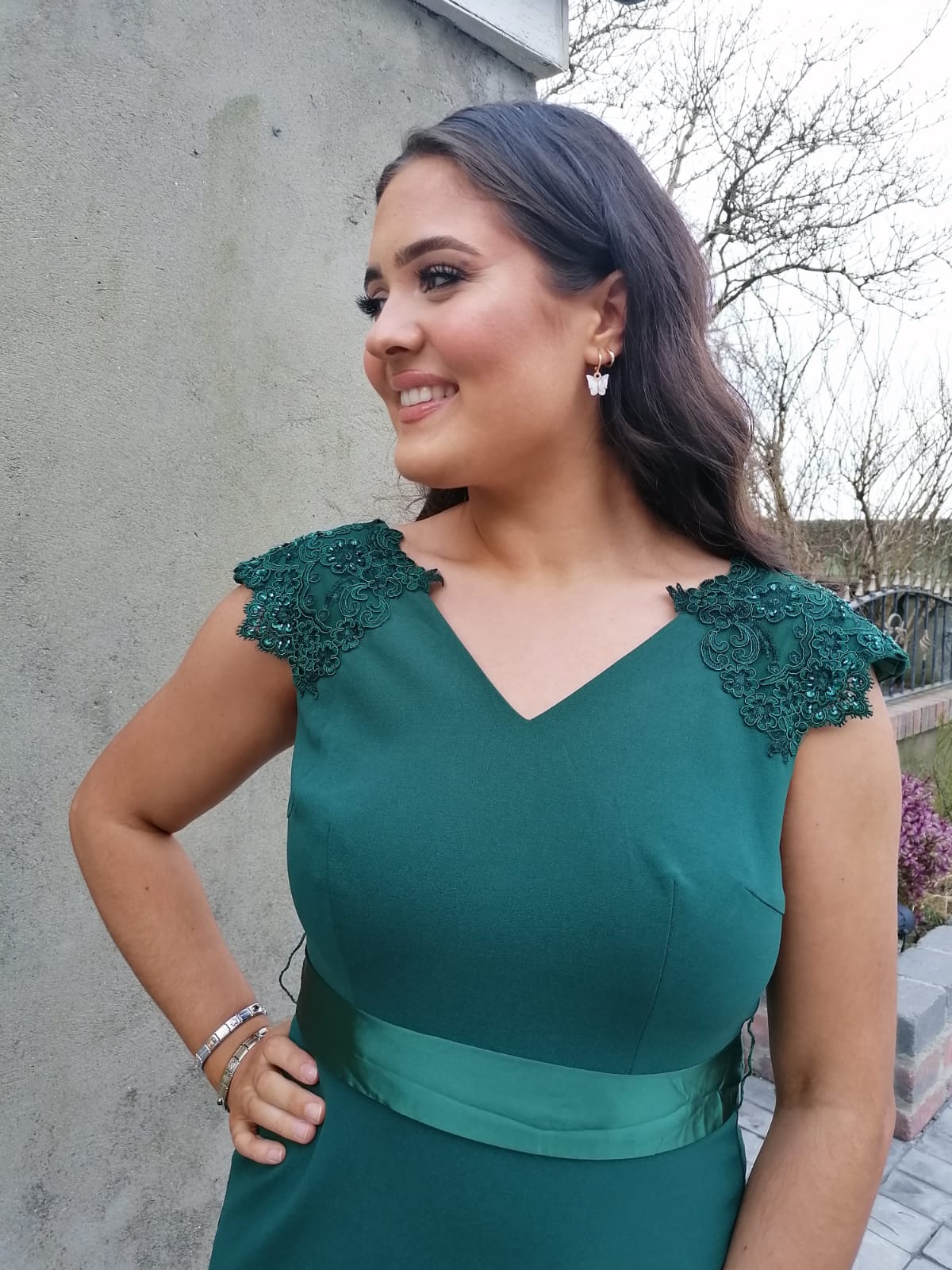 Caroline Green V Neck Laced Shoulder Cap Bridesmaids Dress