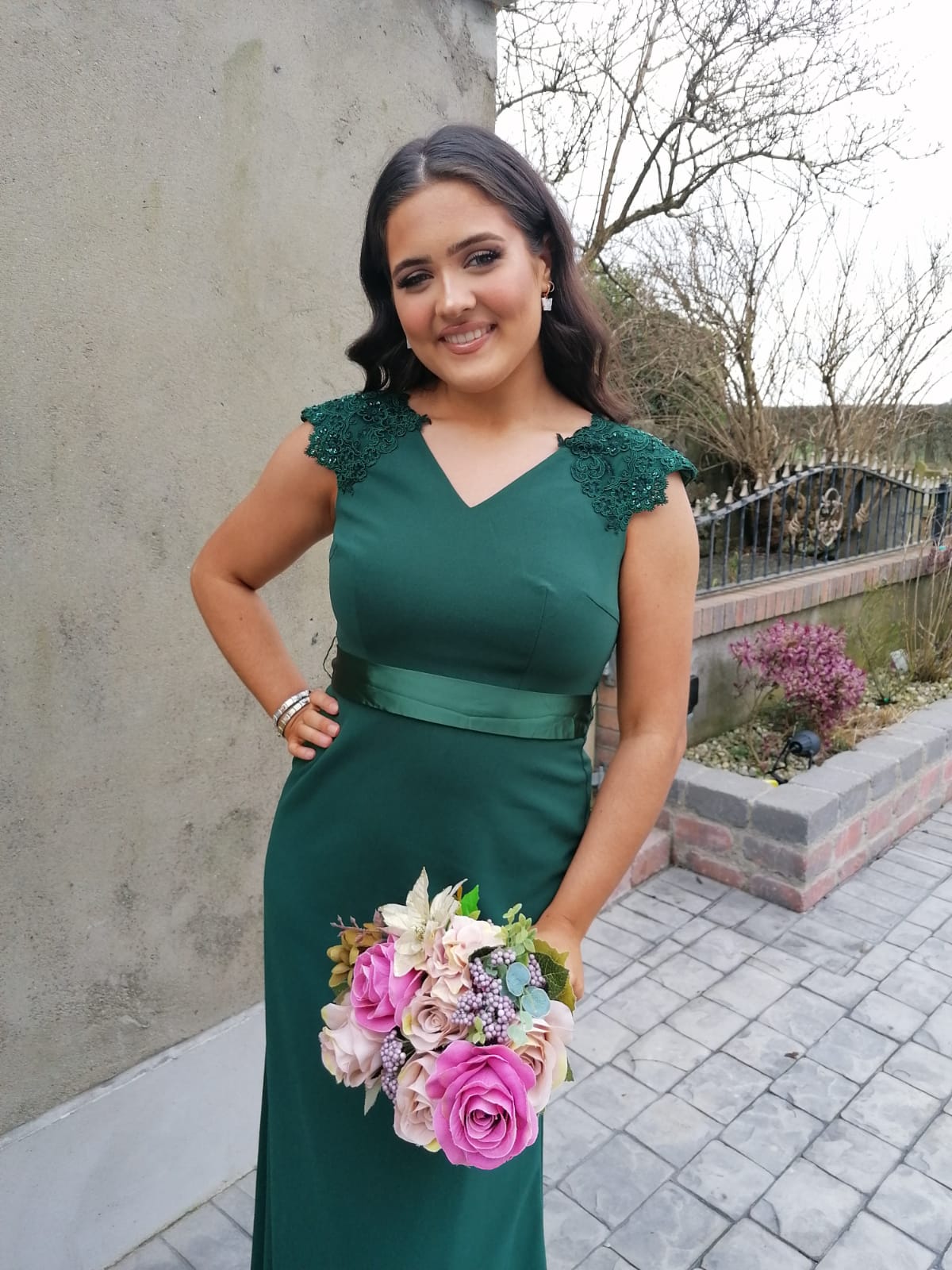 Caroline Green V Neck Laced Shoulder Cap Bridesmaids Dress