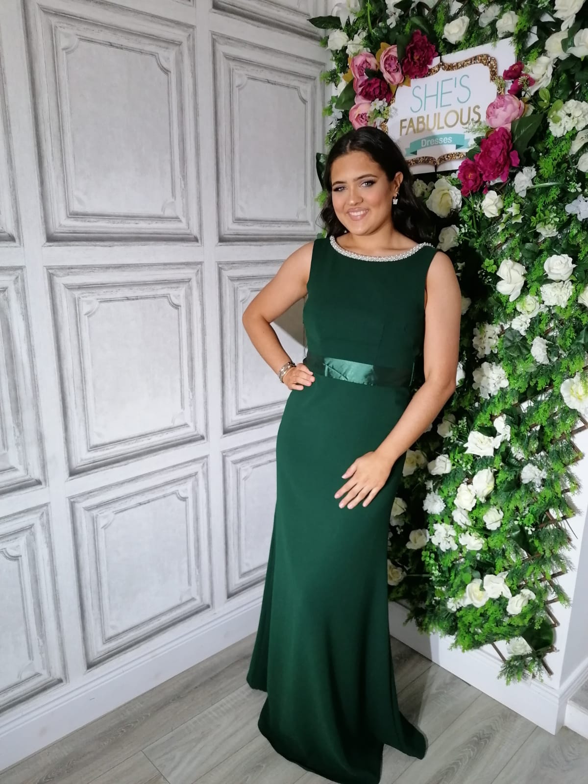 Sienna Forest Green Pearl Neck And Belt Plain & Elegant Bridesmaids Dress