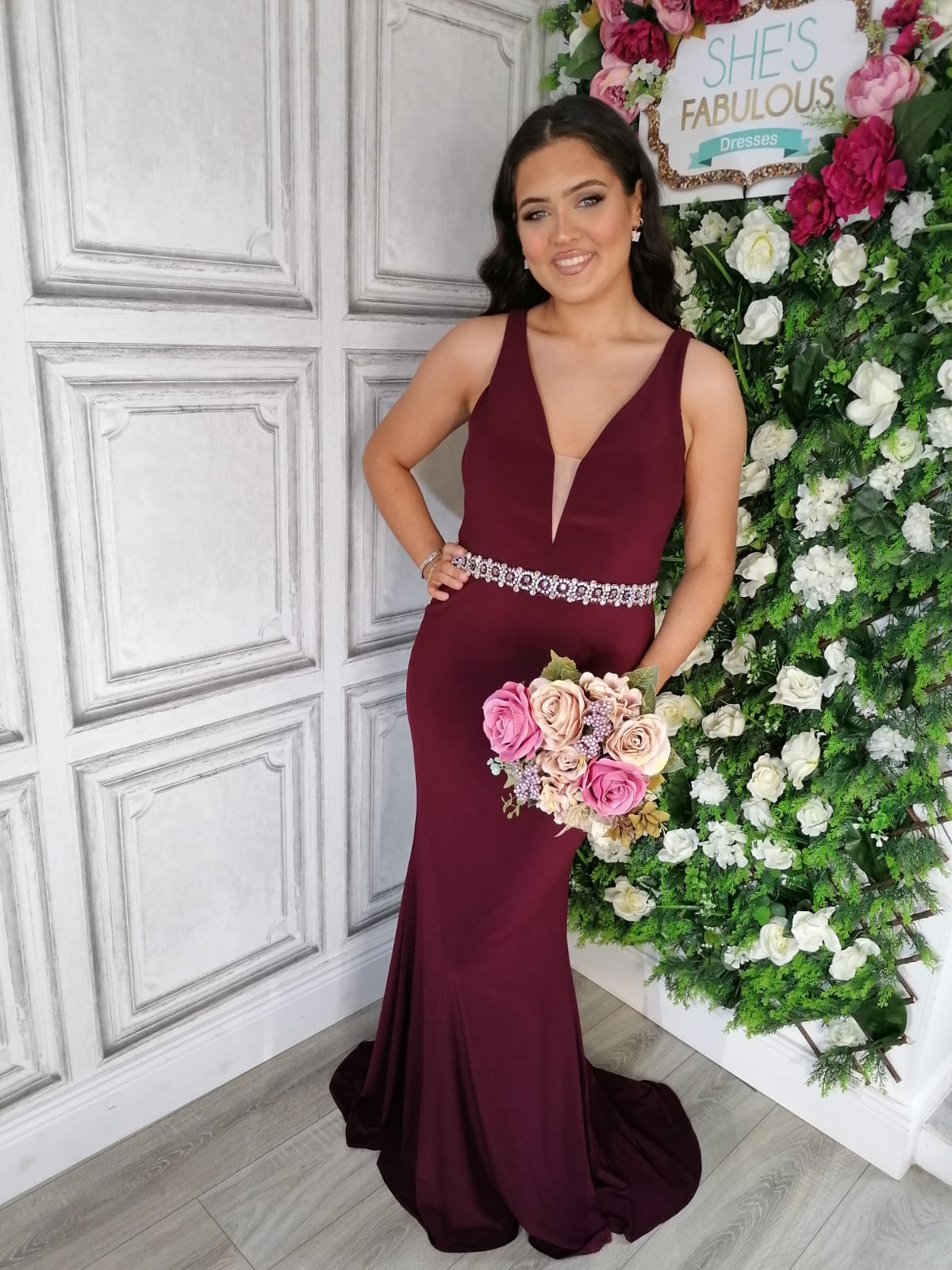 Leah Maroon Plum Burgundy Beaded Belt Backless Bridesmaids Dress