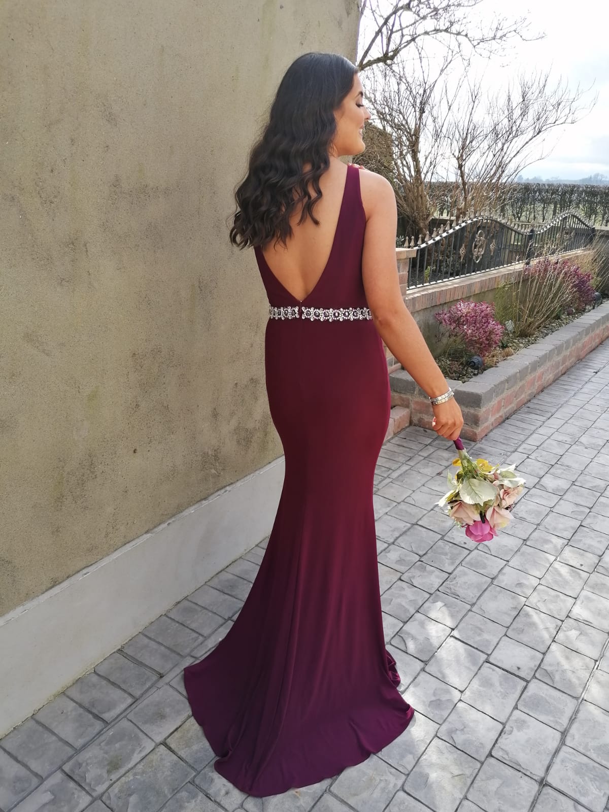 Leah Maroon Plum Burgundy Beaded Belt Backless Bridesmaids Dress