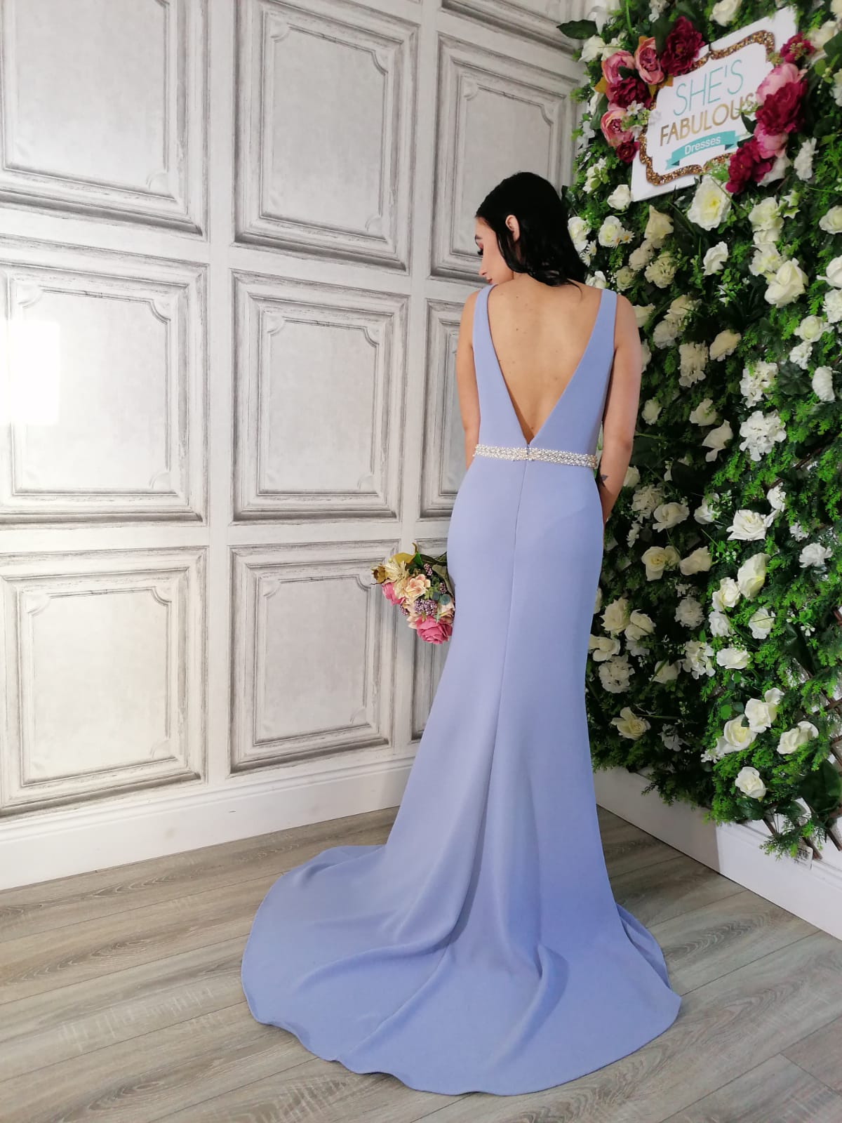 Leah Cornflower Lilac Beaded Belt Backless Bridesmaids Dress