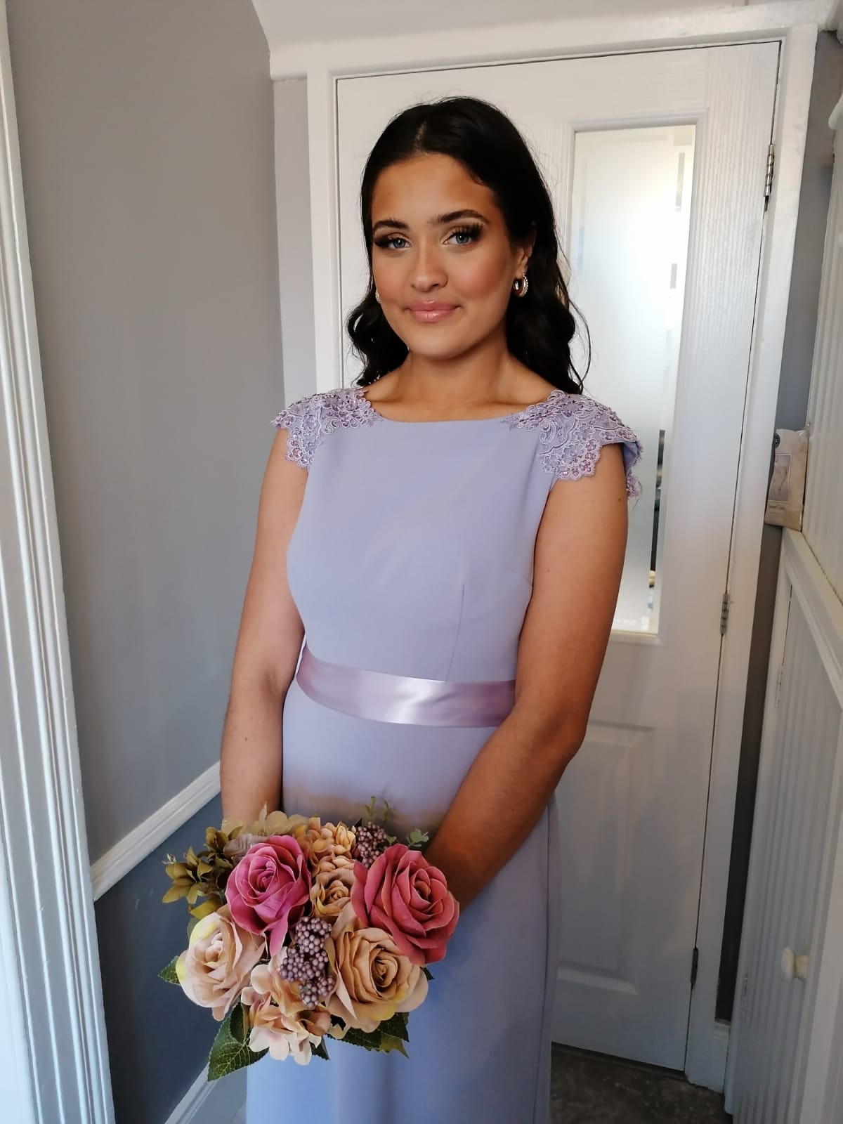 Lena Cornflower Lilac Blue Laced Shoulder Cap Bridesmaids Dress