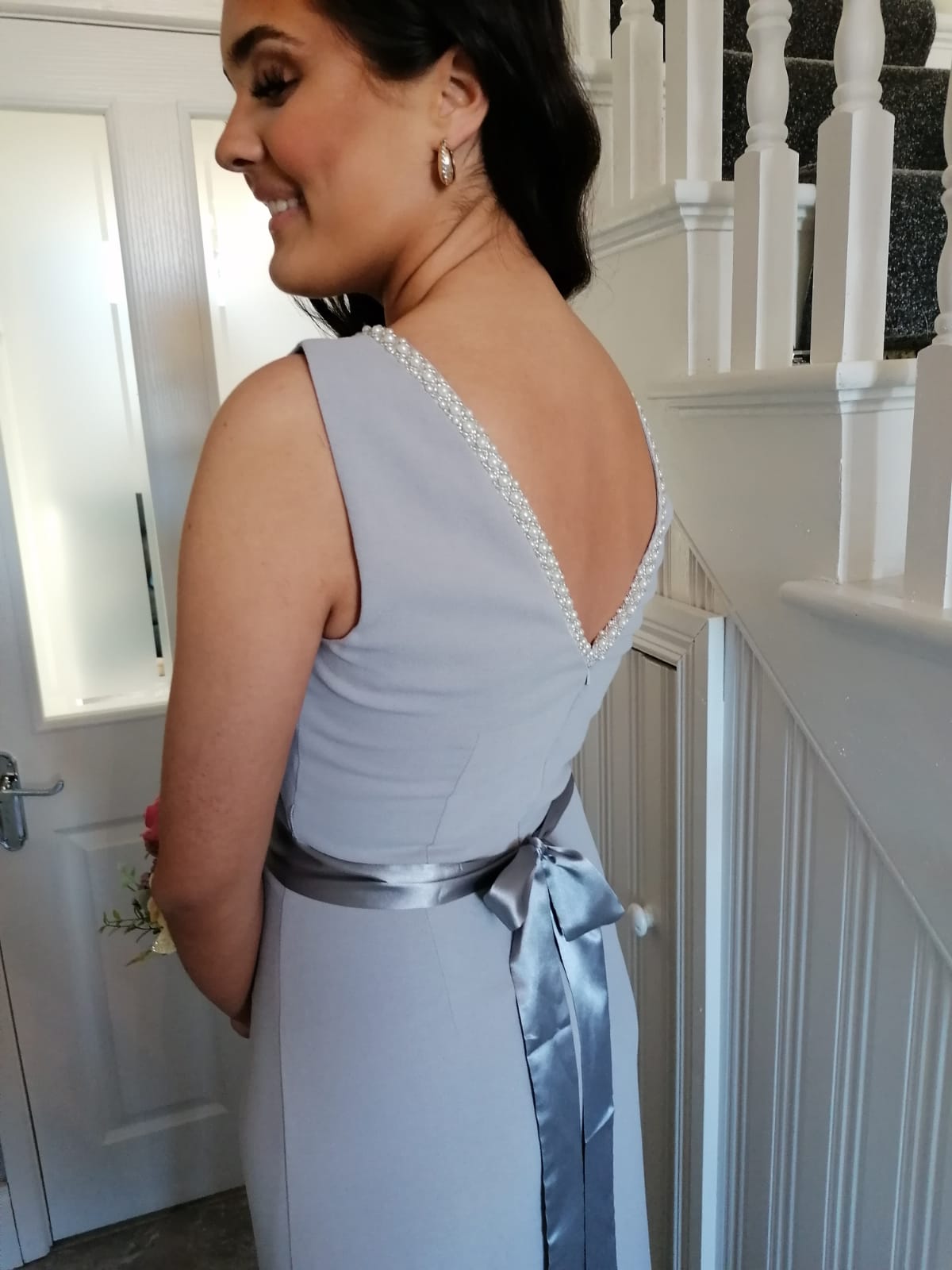 Sienna Silver Dove Grey Pearl Neck And Belt Plain & Elegant Bridesmaids Dress
